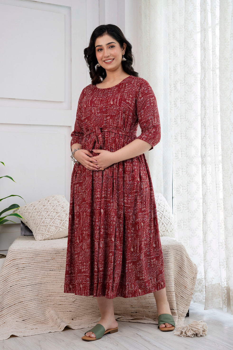 Navy Maroon Abstract Printed Maternity Dress