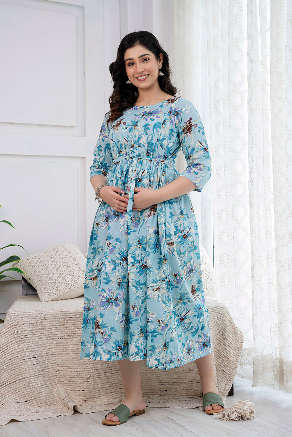 Blue Printed Maternity Dress