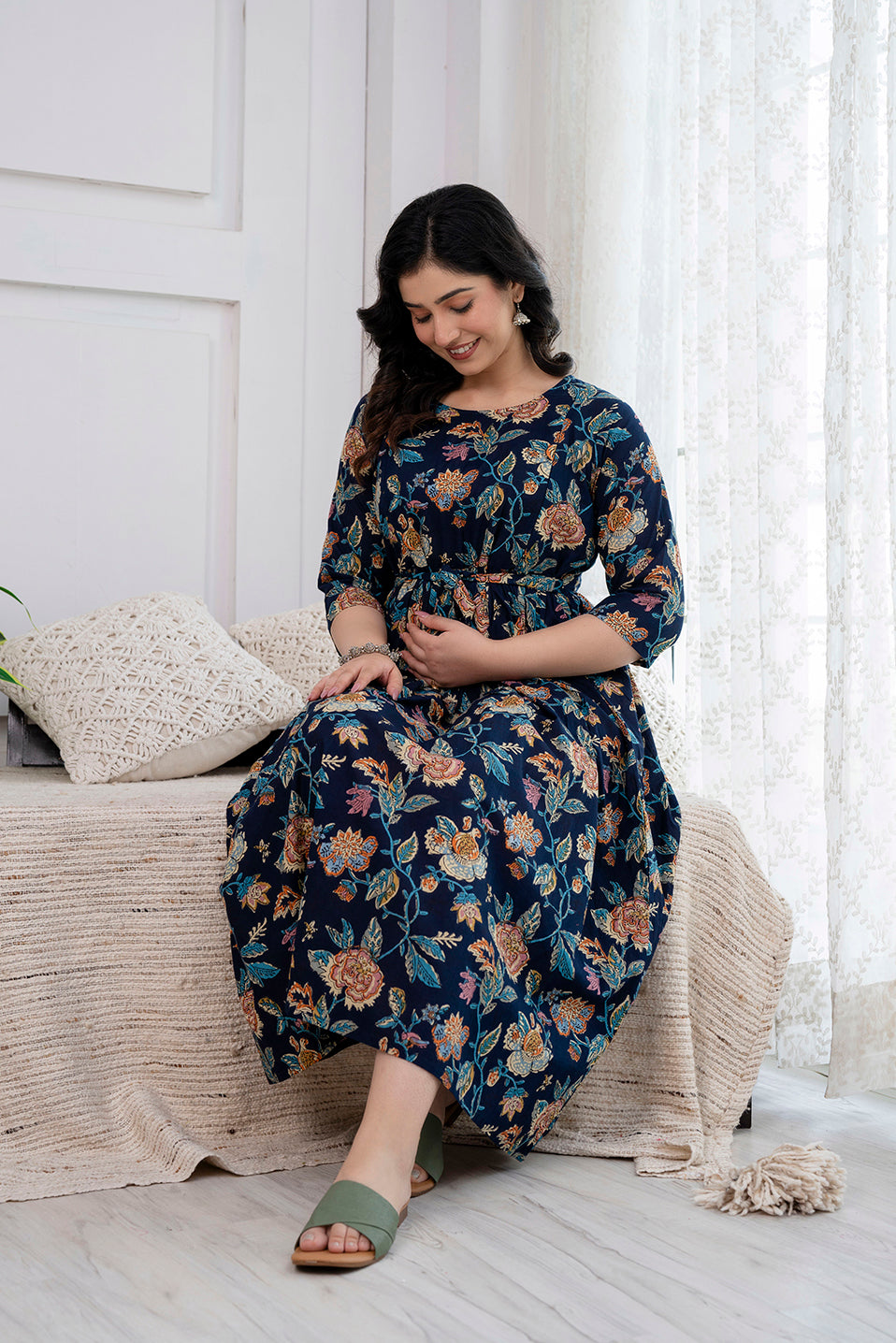 Navy Blue Printed Maternity Dress