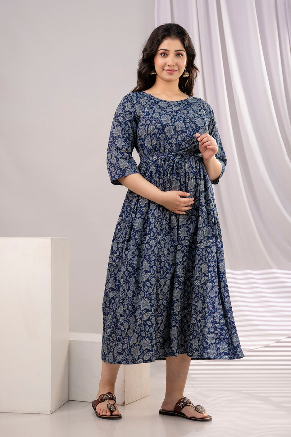 Navy Blue Printed Maternity Dress