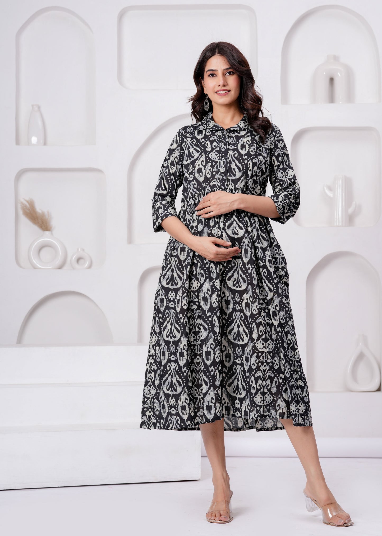 Black Printed Flared Maternity Dress