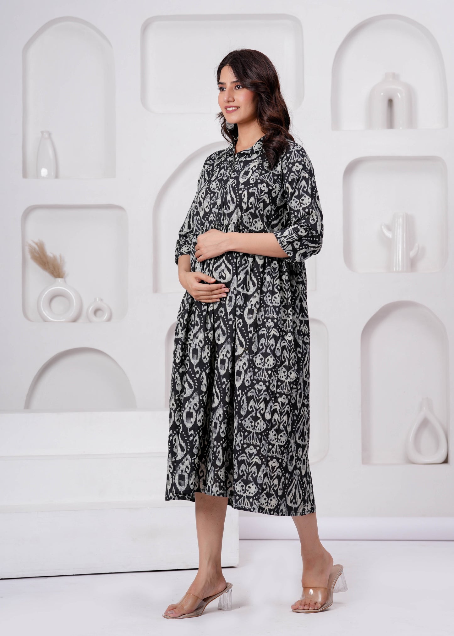 Black Printed Flared Maternity Dress