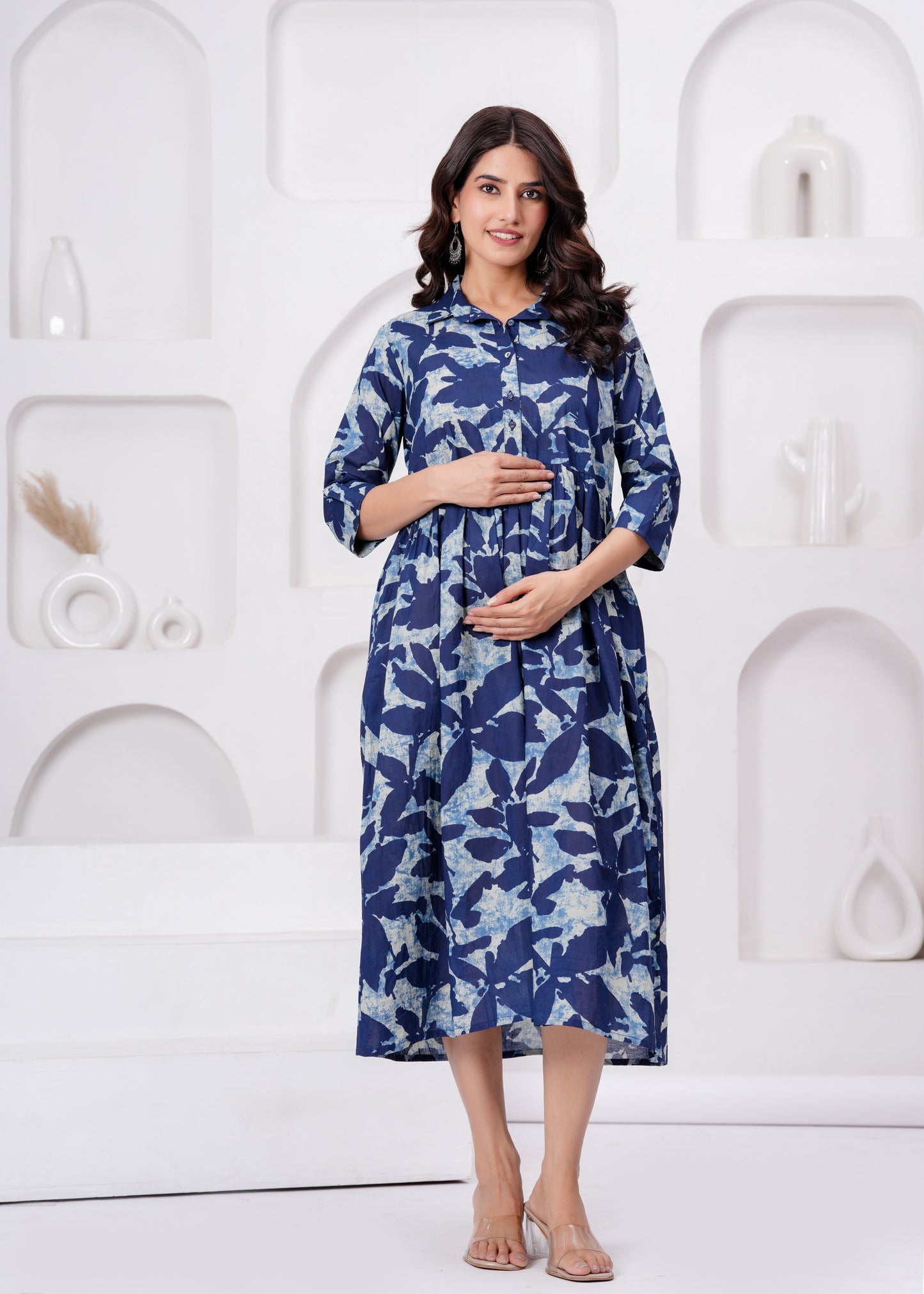 Blue Printed Flared Maternity Dress