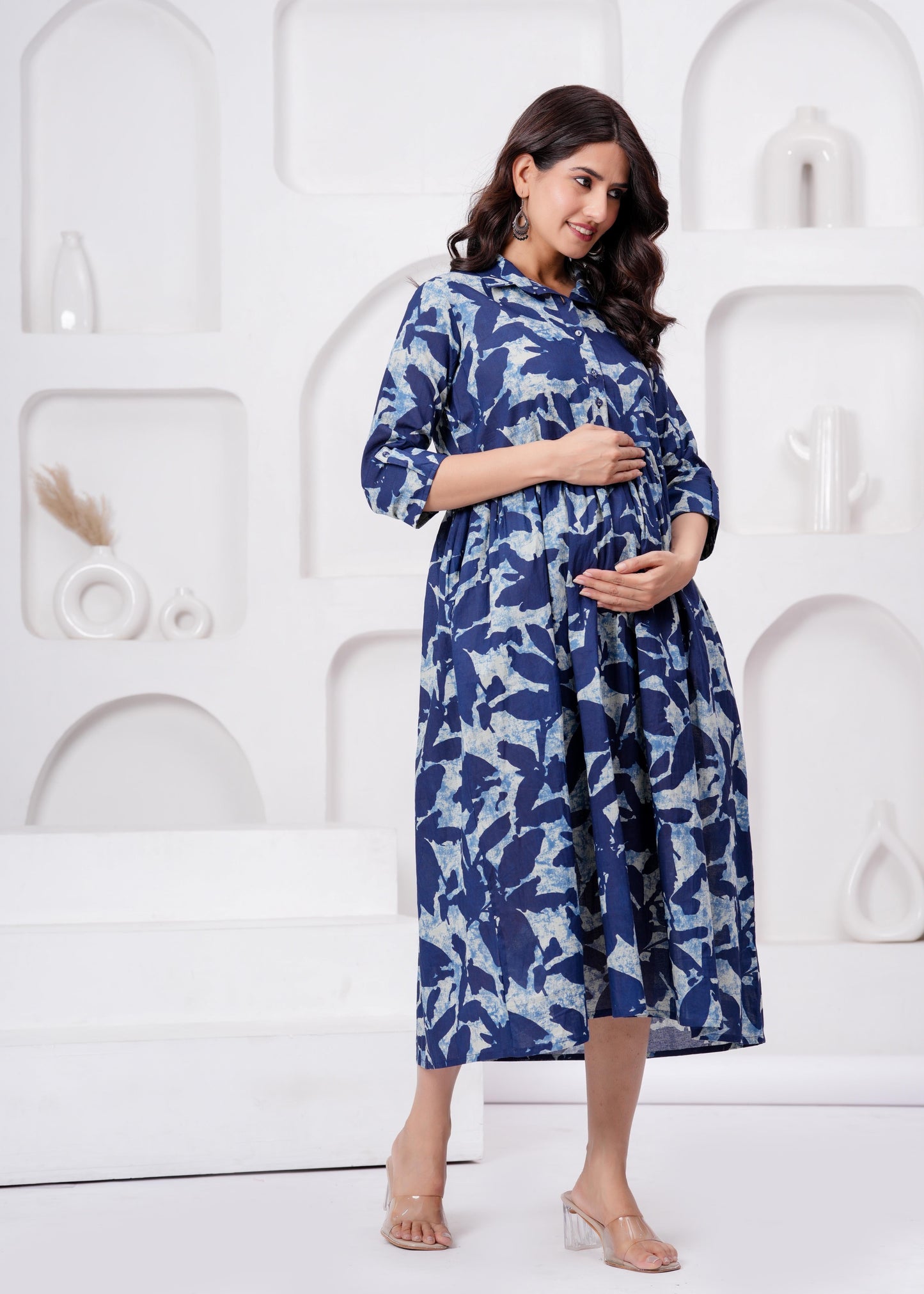 Blue Printed Flared Maternity Dress