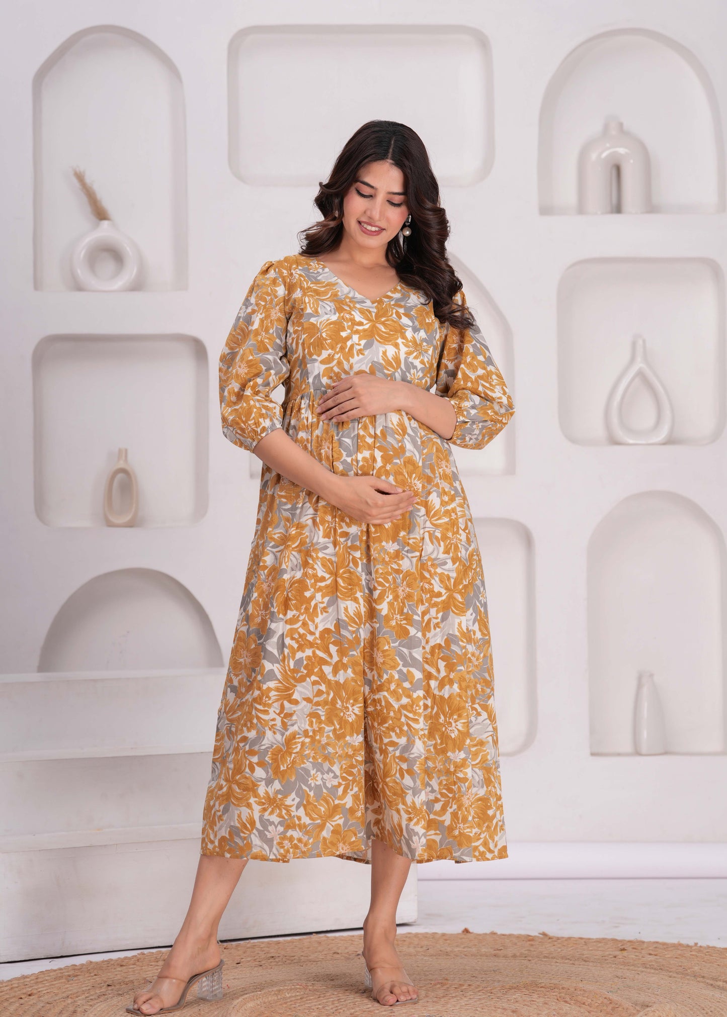 Mustard Printed Flared Maternity Dress
