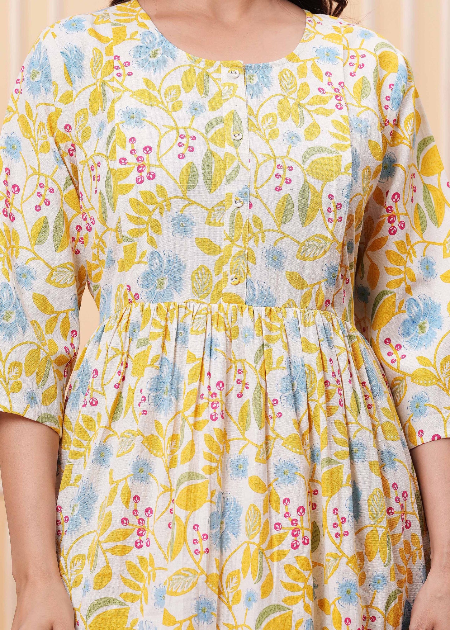 Yellow Floral Printed Flared Maternity Dress