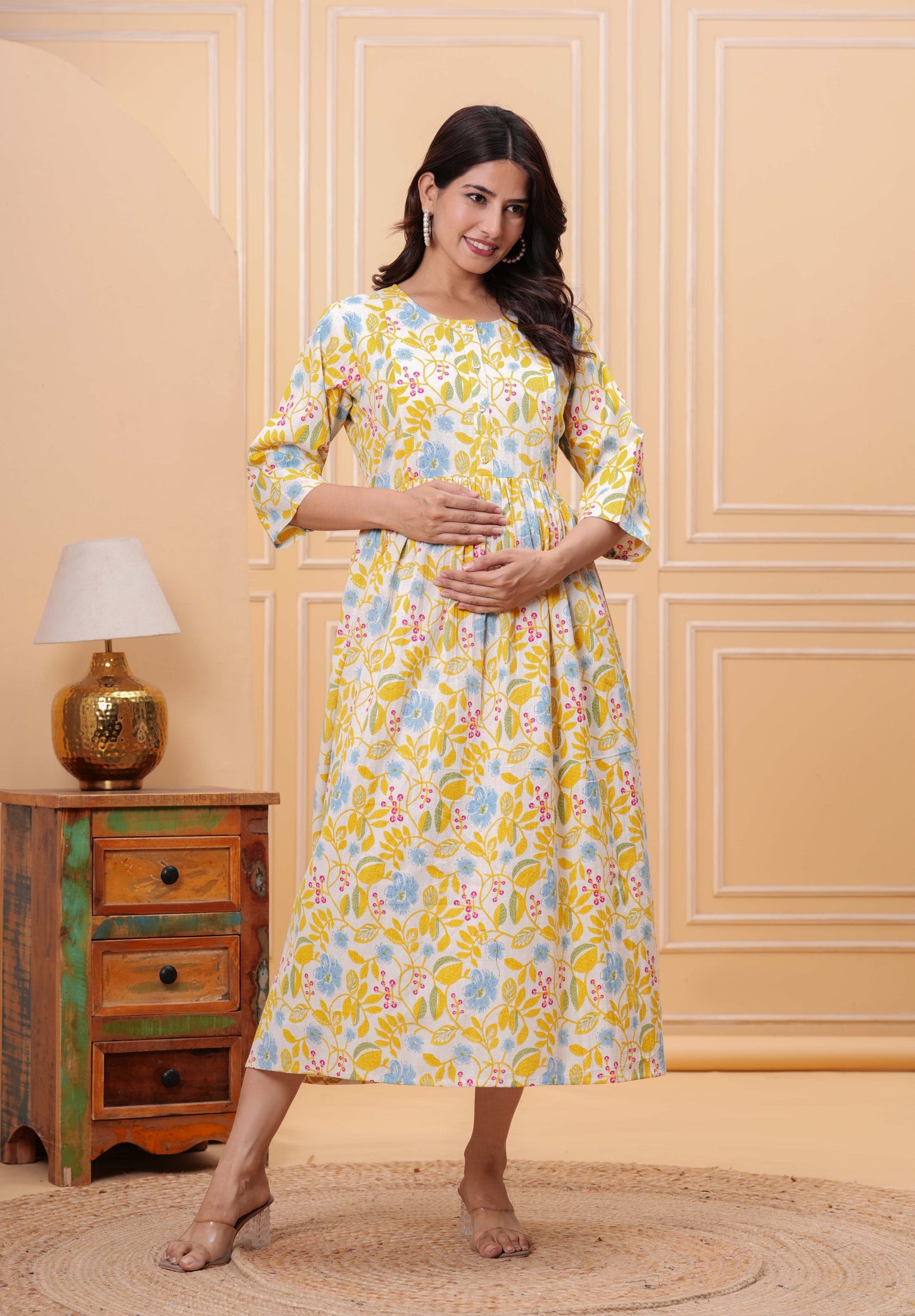 Yellow Floral Printed Flared Maternity Dress