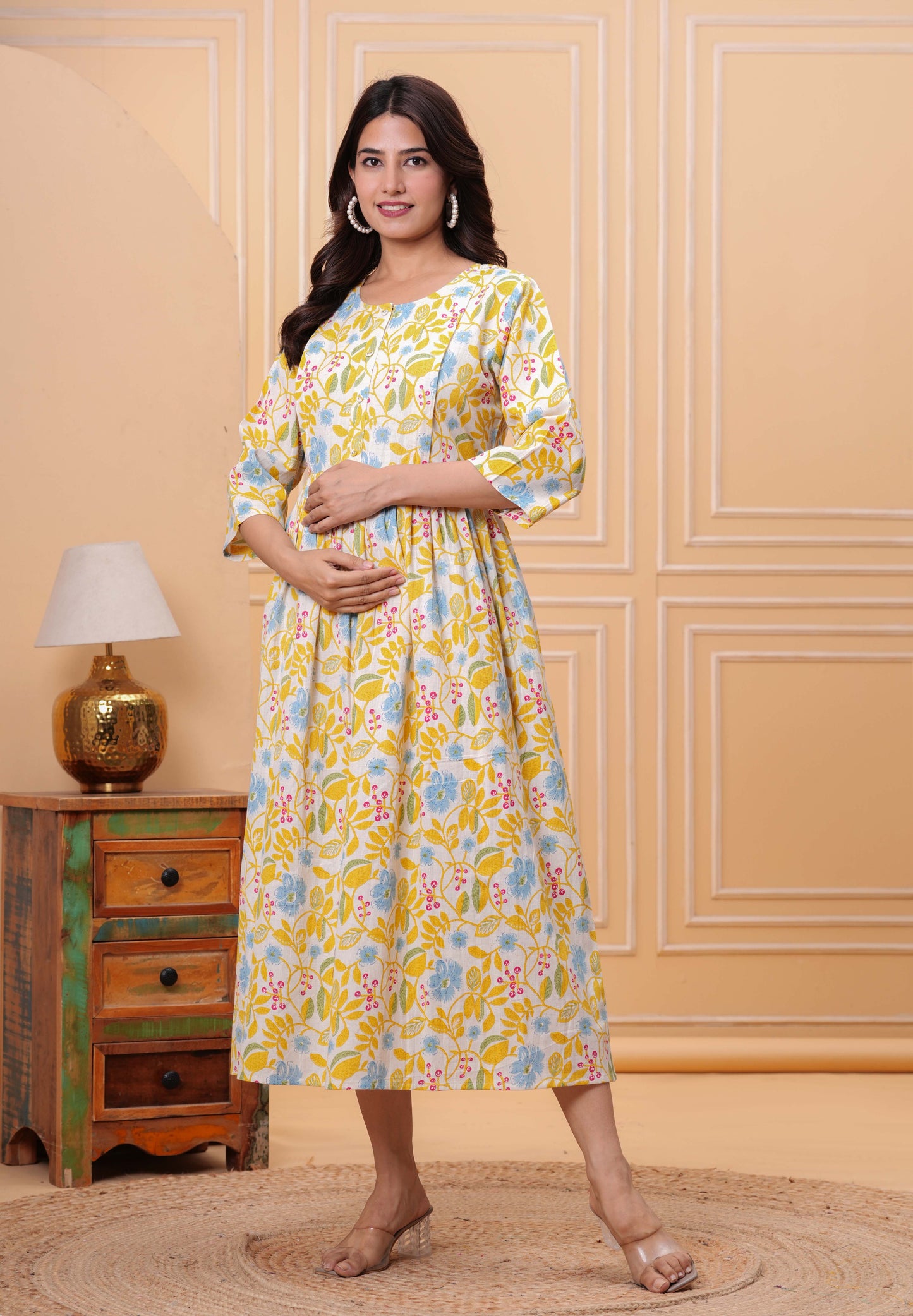 Yellow Floral Printed Flared Maternity Dress