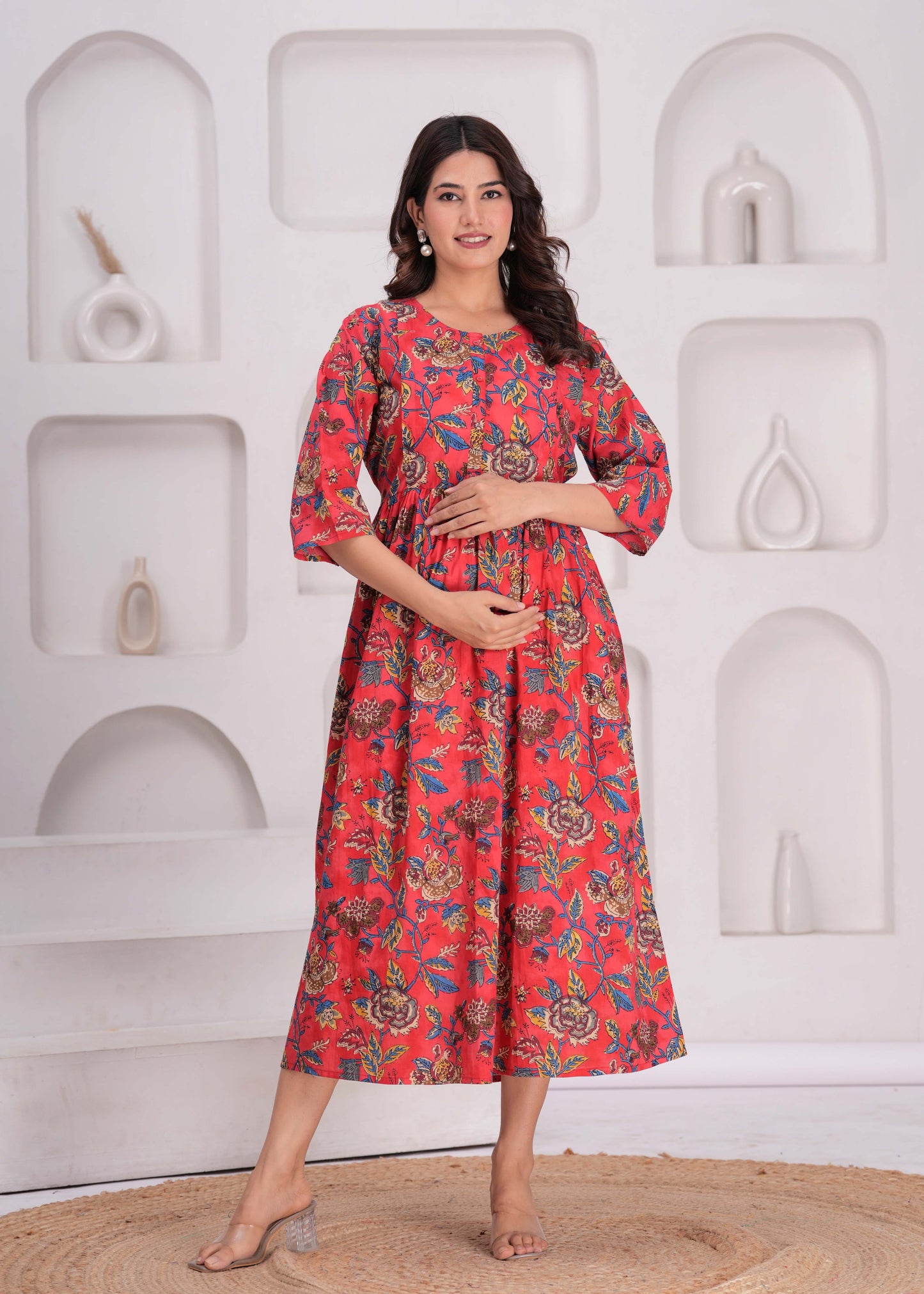 Maroon Floral Printed Flared Maternity Dress