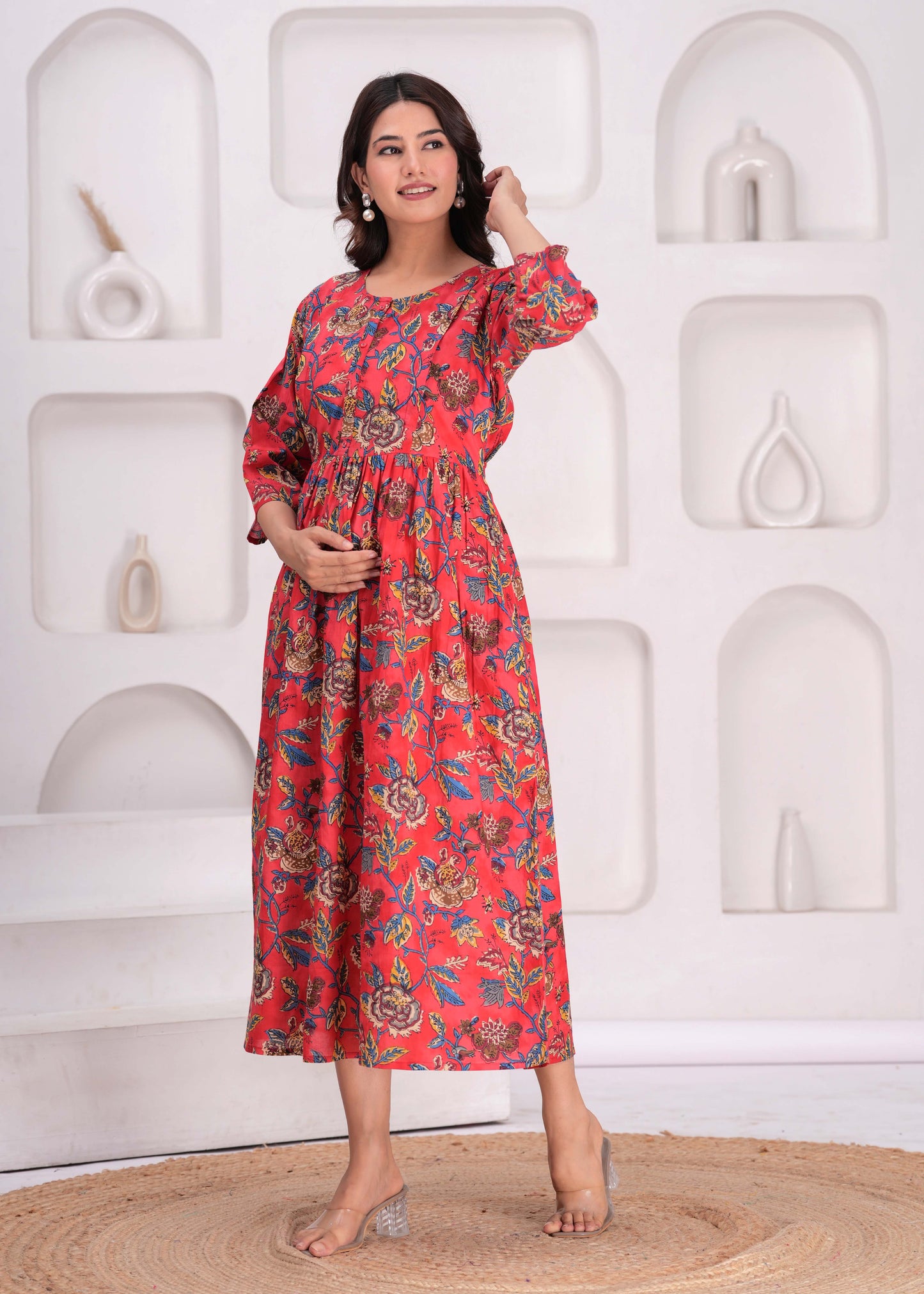Maroon Floral Printed Flared Maternity Dress