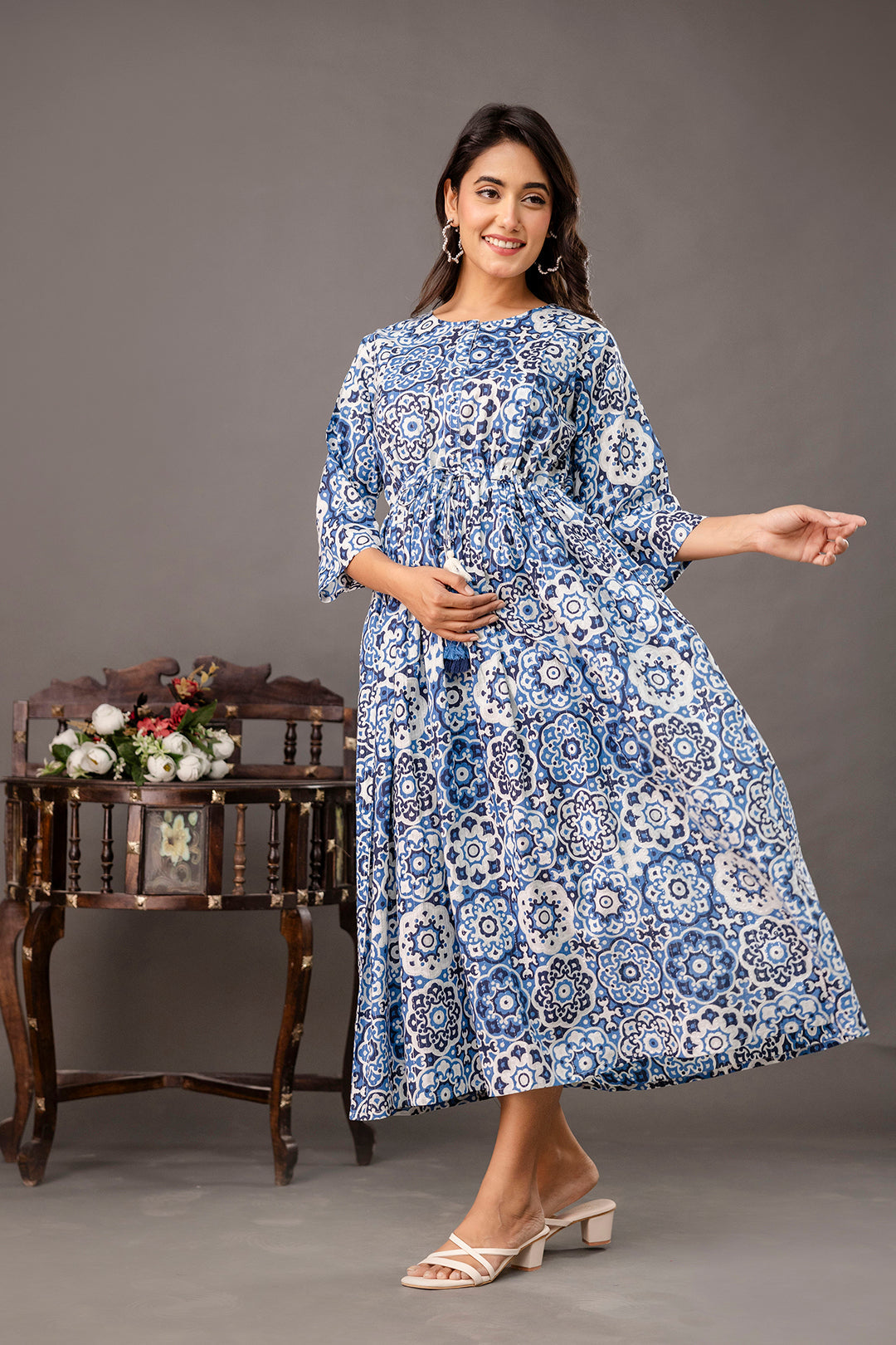 Blue Printed Maternity Dress