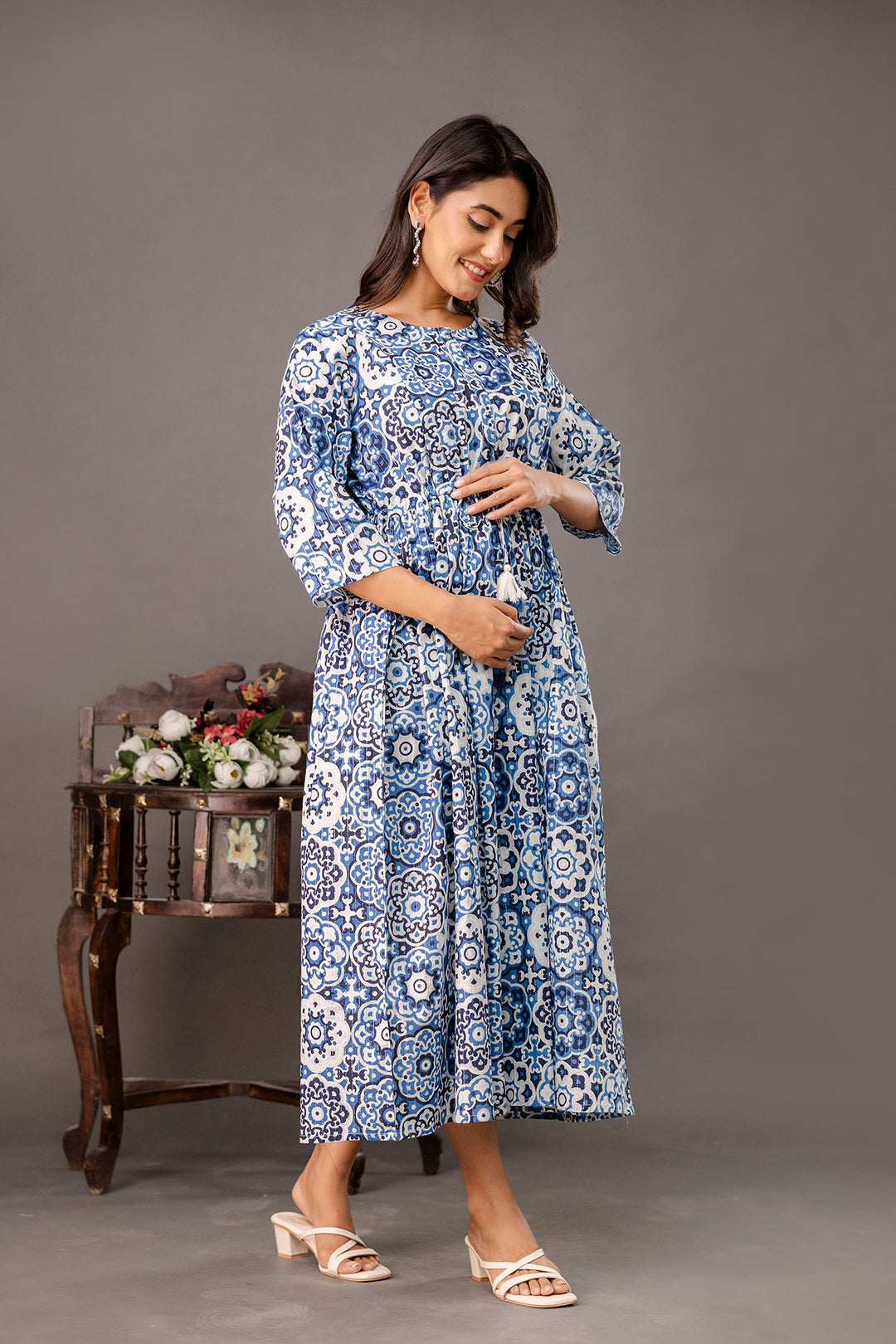 Blue Printed Maternity Dress