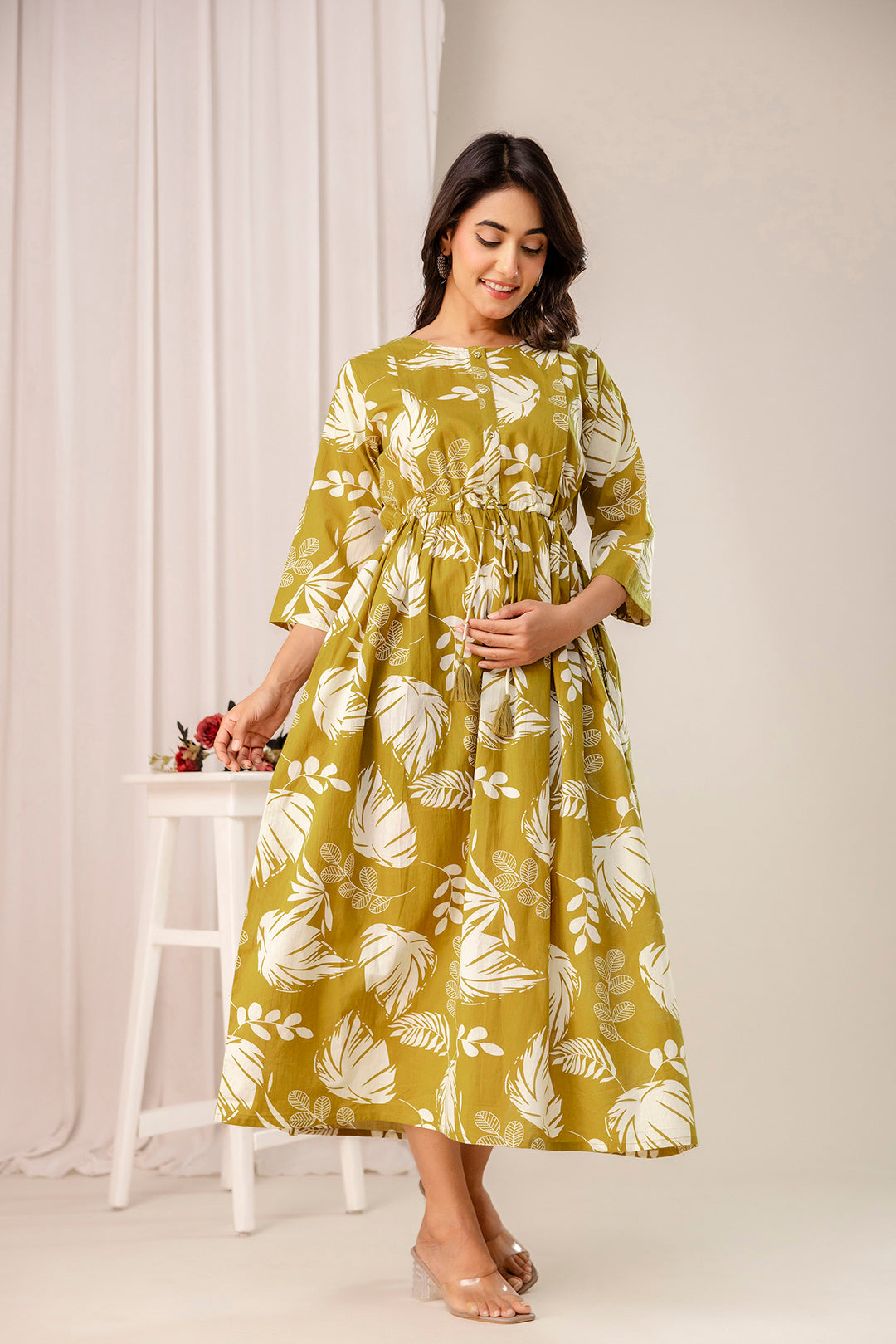 Olive Tropical Printed Maternity Dress