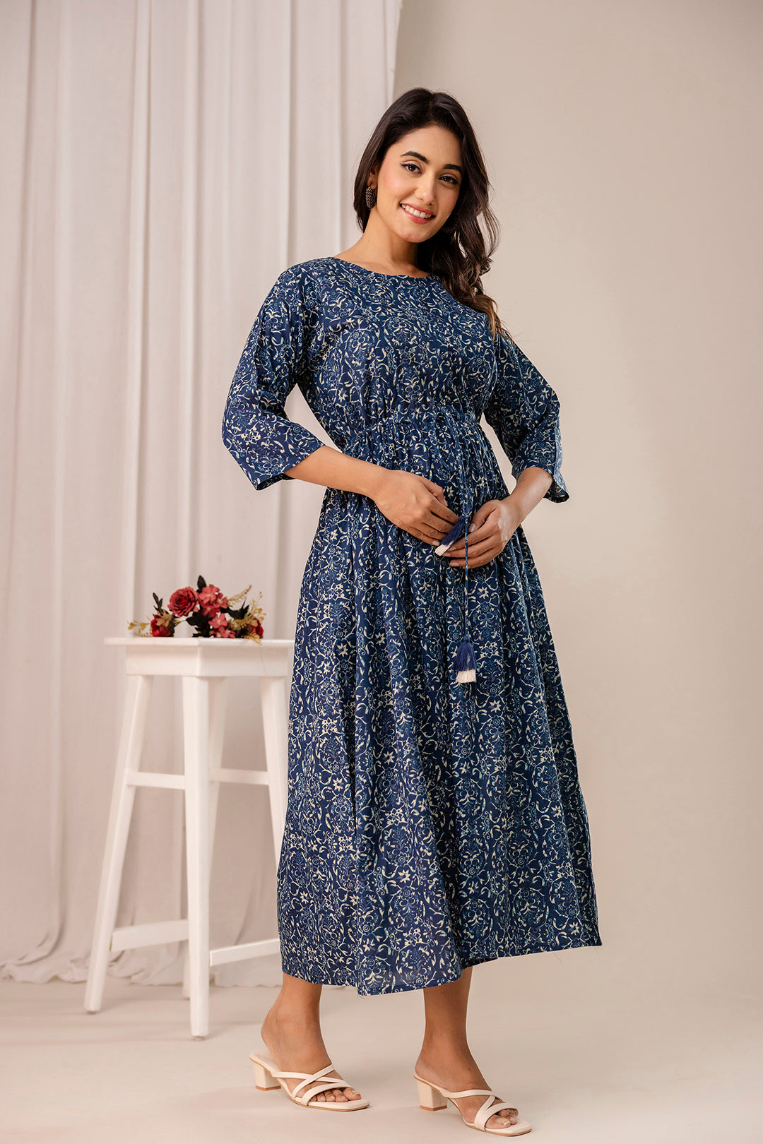 Blue Printed Maternity Dress