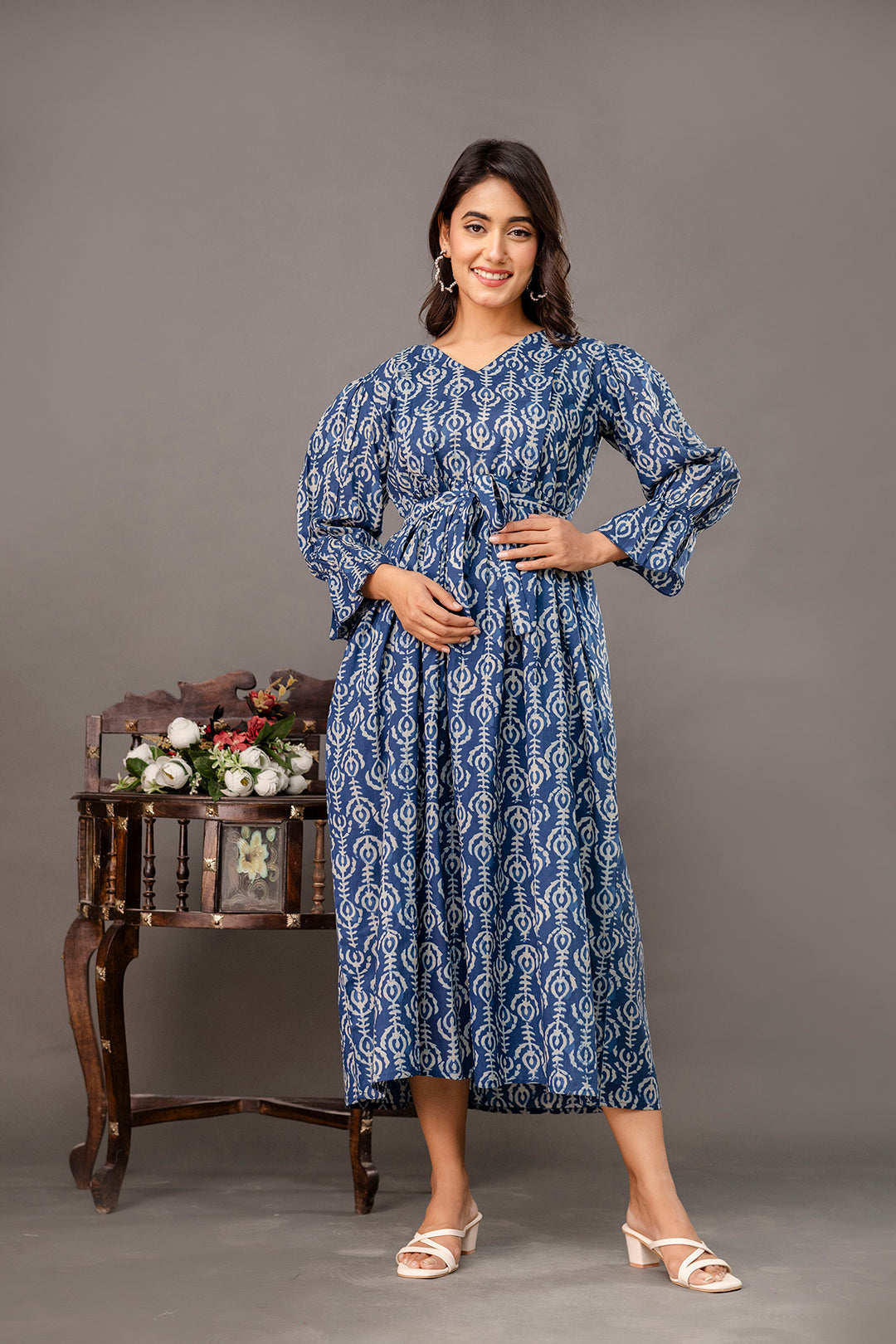 Blue Printed Maternity Dress