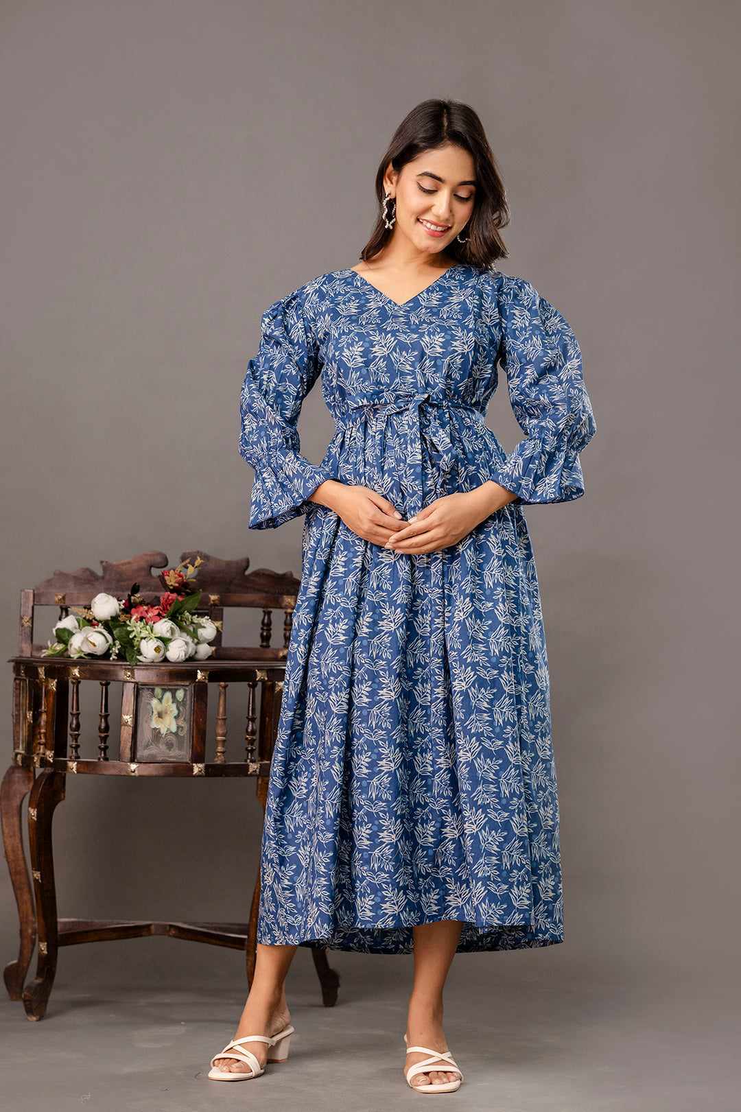 Blue Printed Maternity Dress