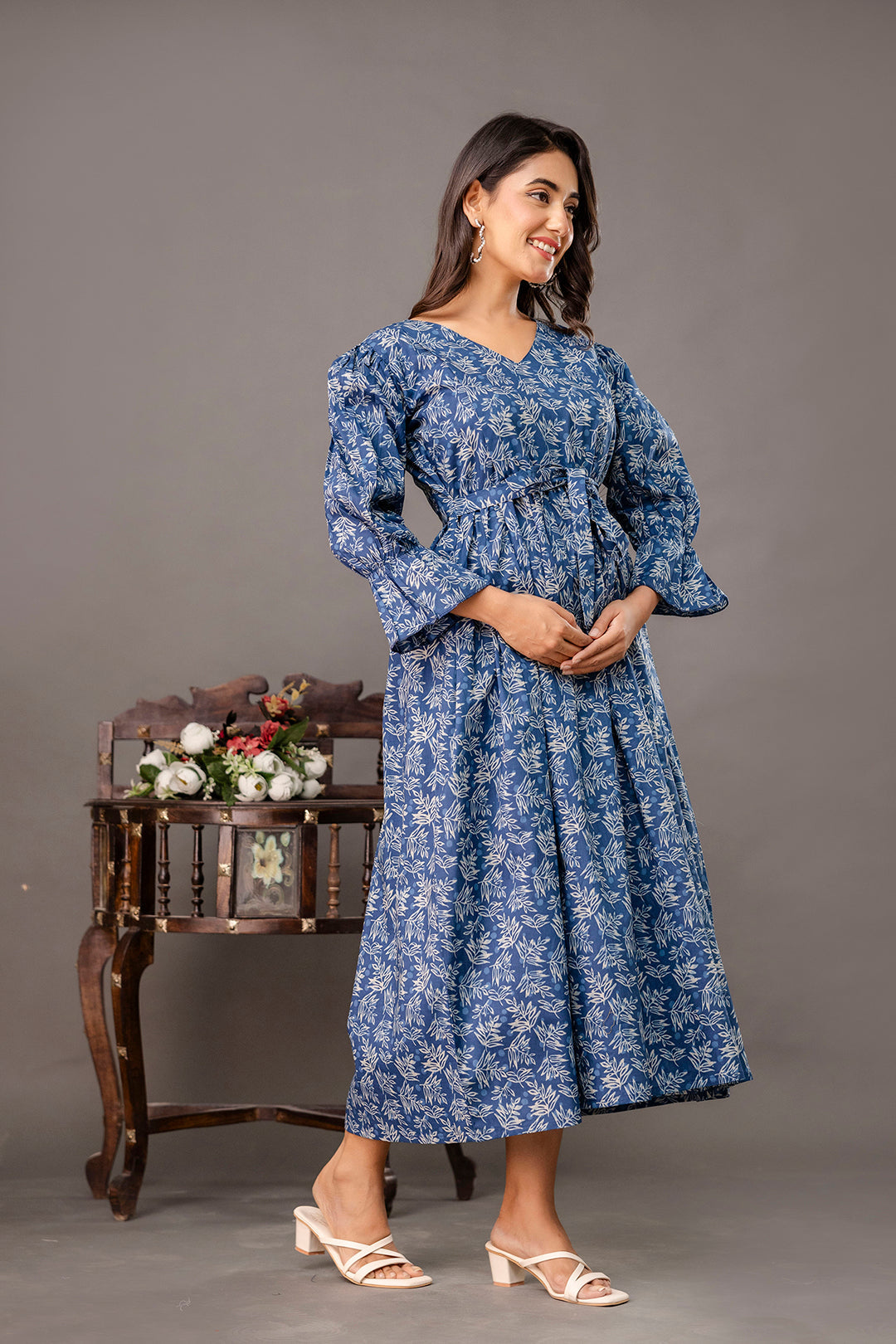 Blue Printed Maternity Dress
