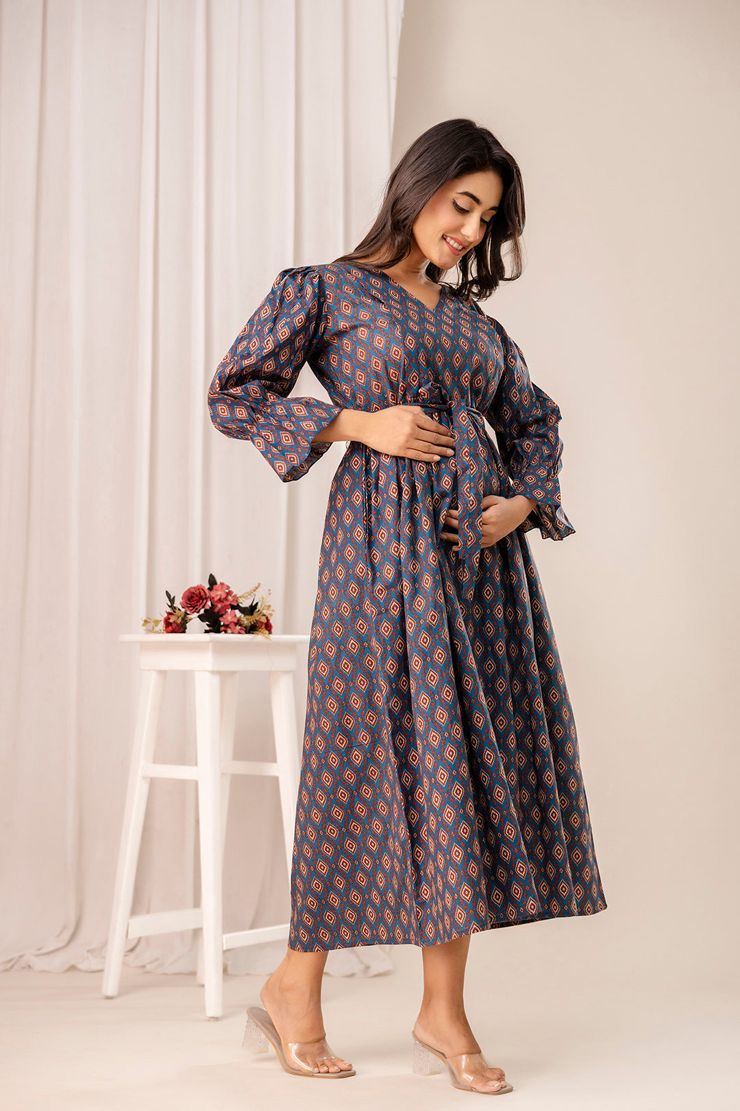Teal Printed Maternity Dress