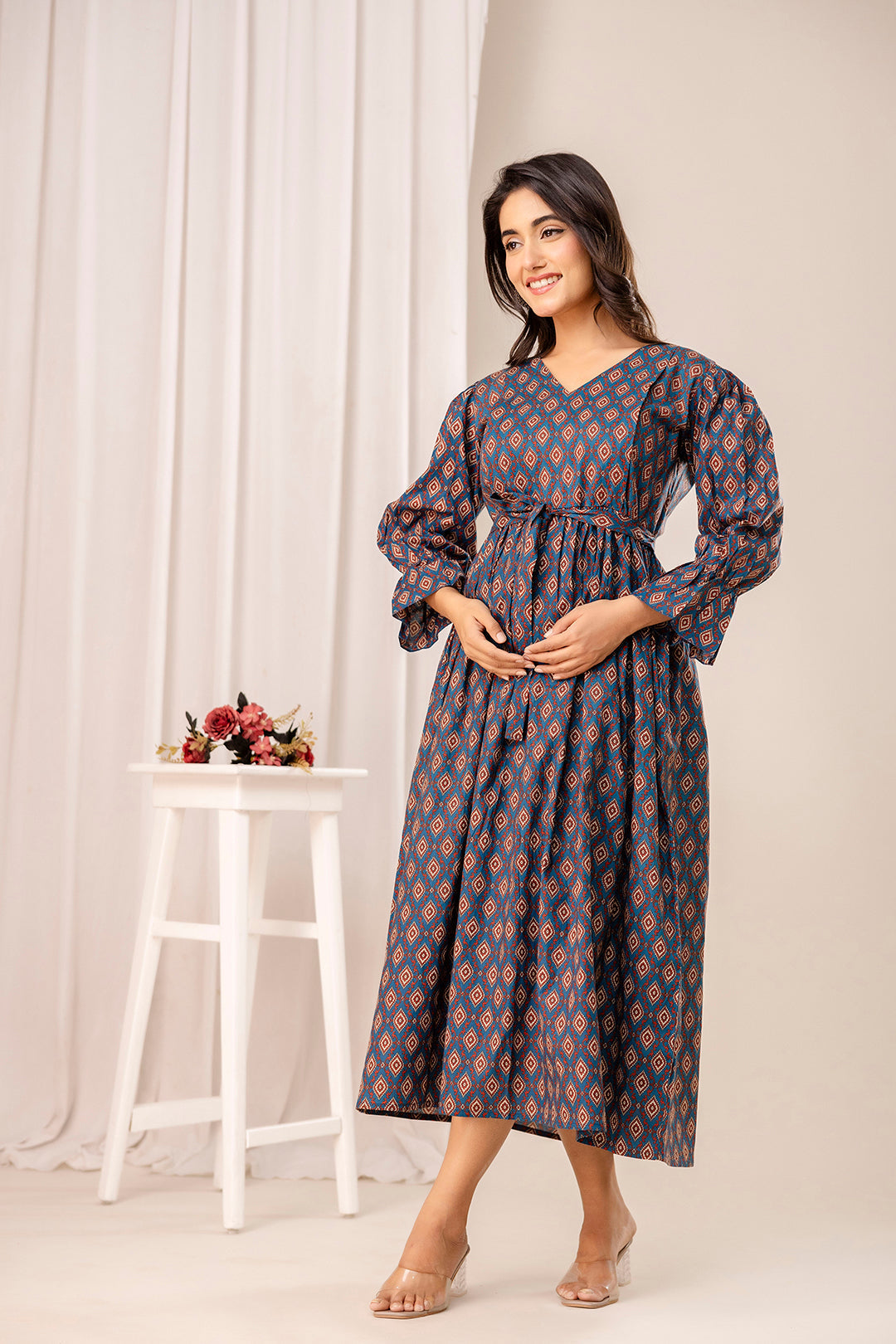 Teal Printed Maternity Dress