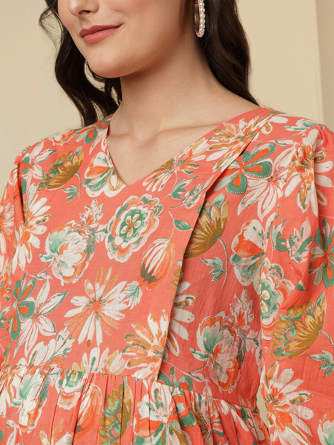 Peach Floral Printed Maternity Dress