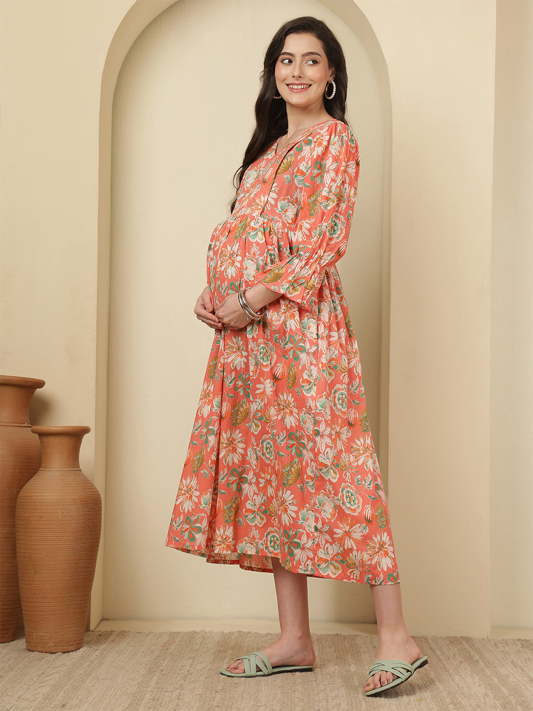 Peach Floral Printed Maternity Dress