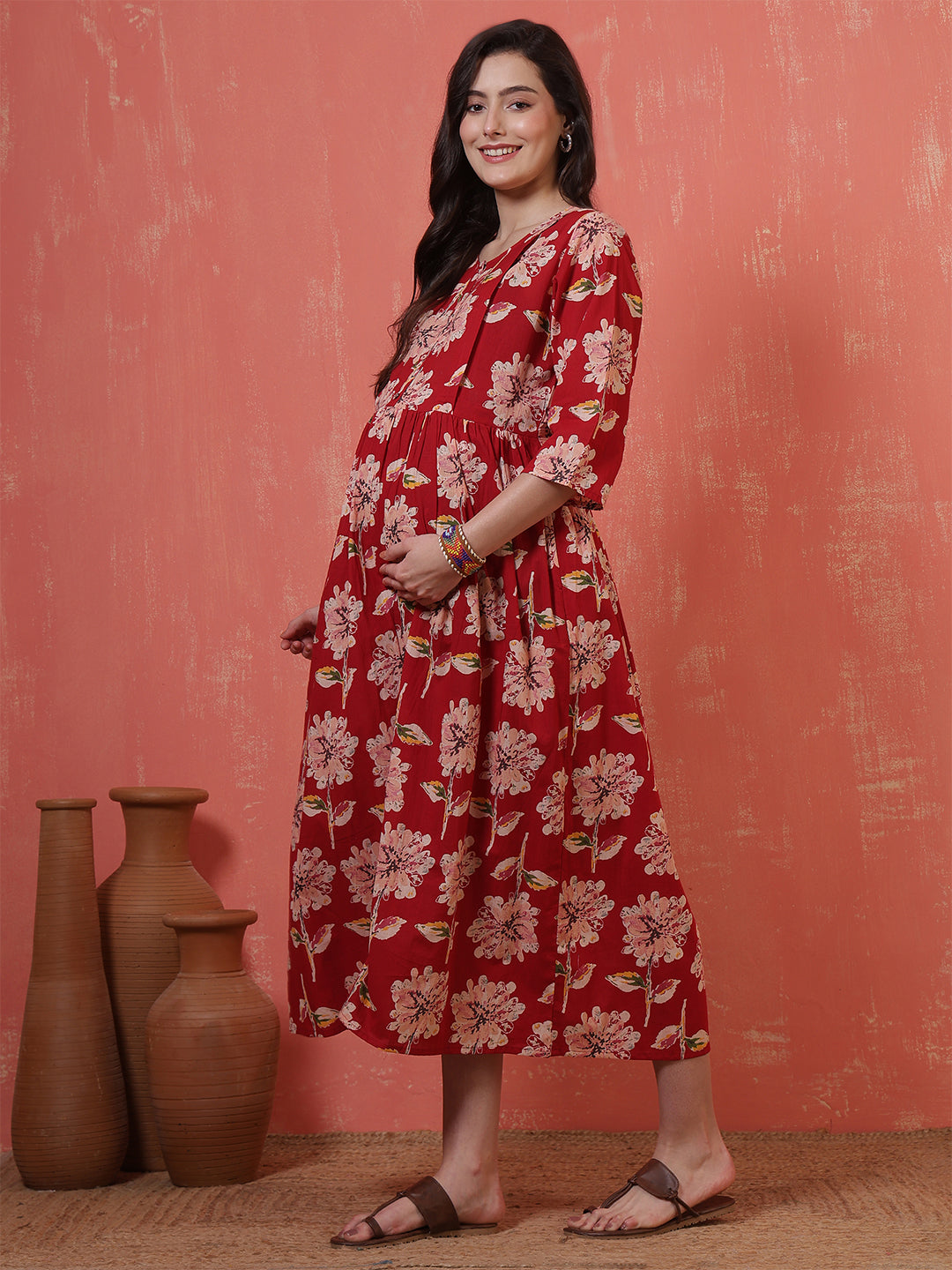 Red Floral Printed Maternity Dress