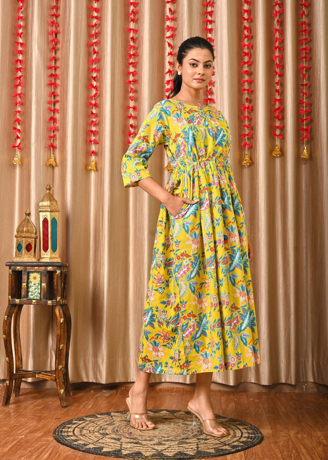 Women Yellow Printed Flared Dress