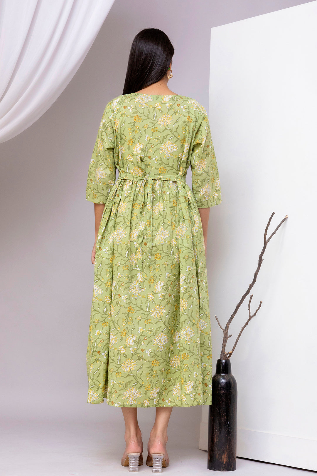 Green Printed Flared Dress for Women