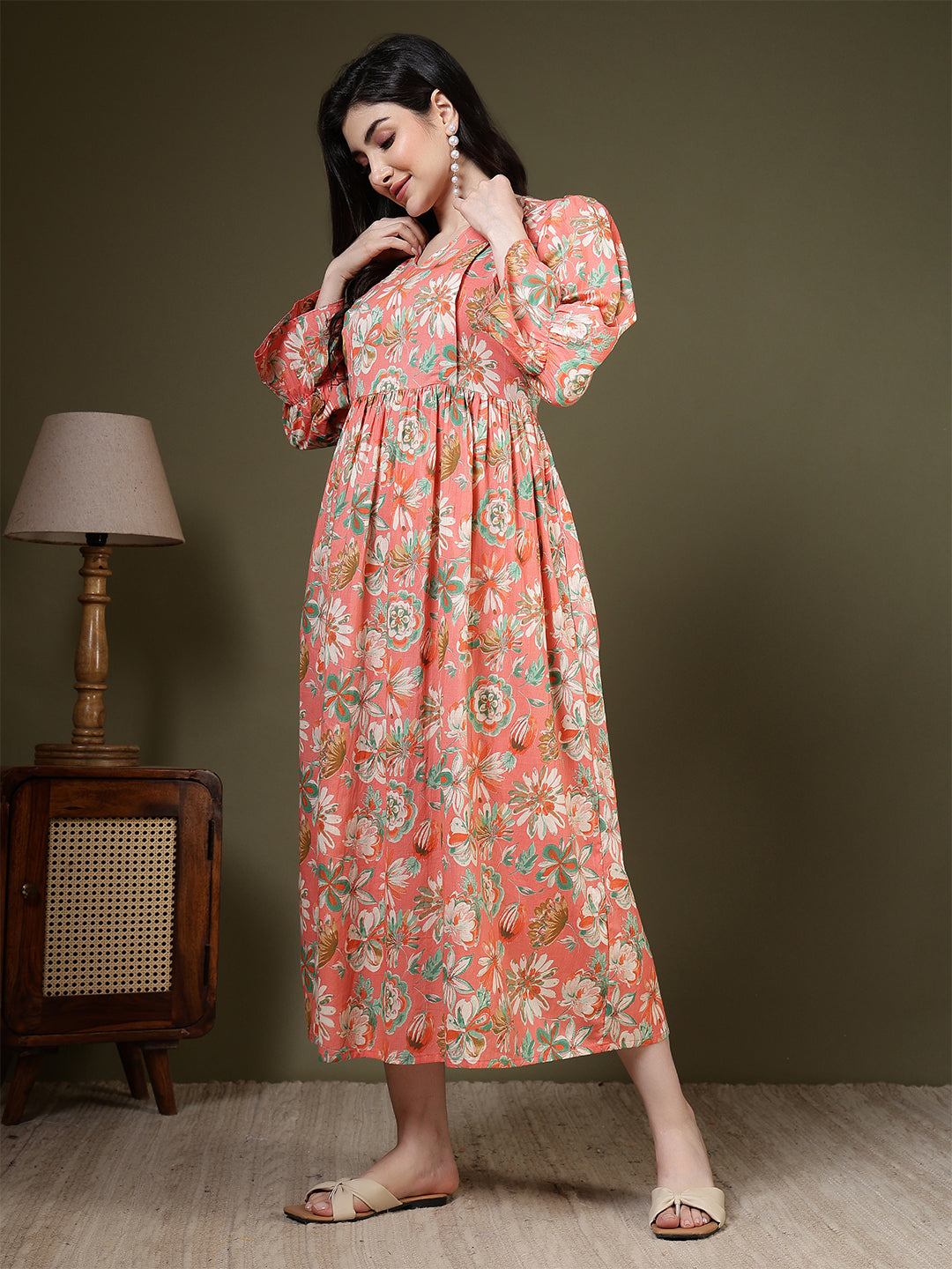 Peach Floral Printed Dress for Women