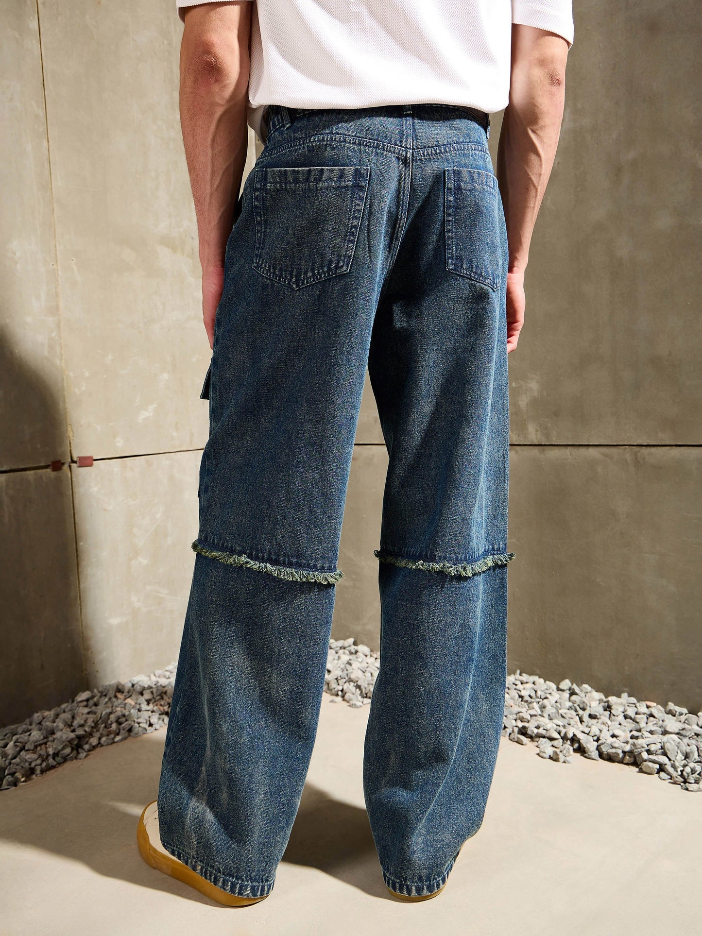 Men Blue Washed Distressed Wide Leg Jeans