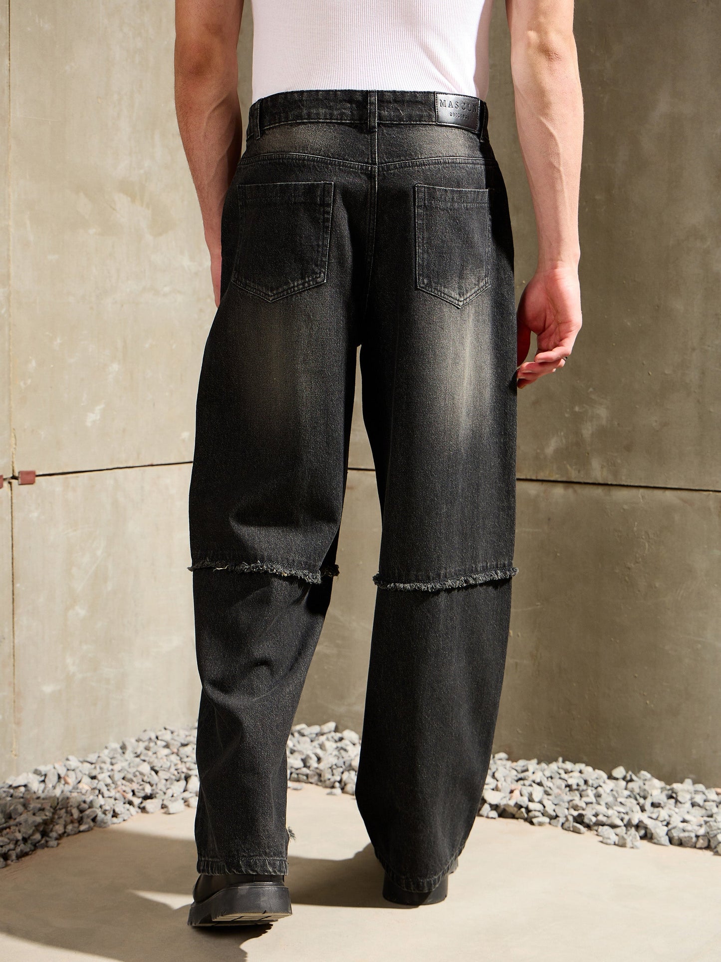 Men Black Washed Distressed Wide Leg Jeans