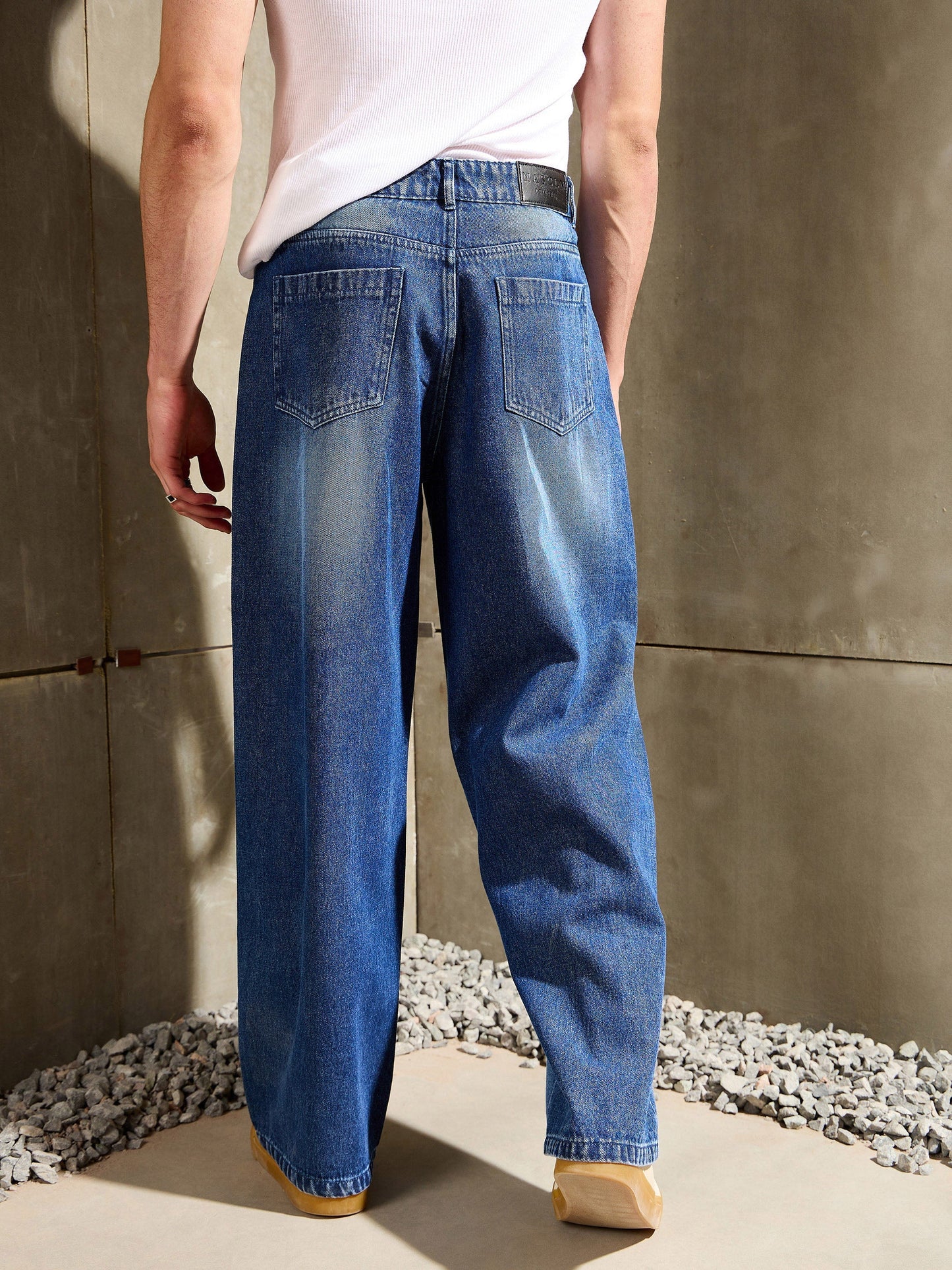 Men Navy Blue Whisker Wash Wide Leg Jeans