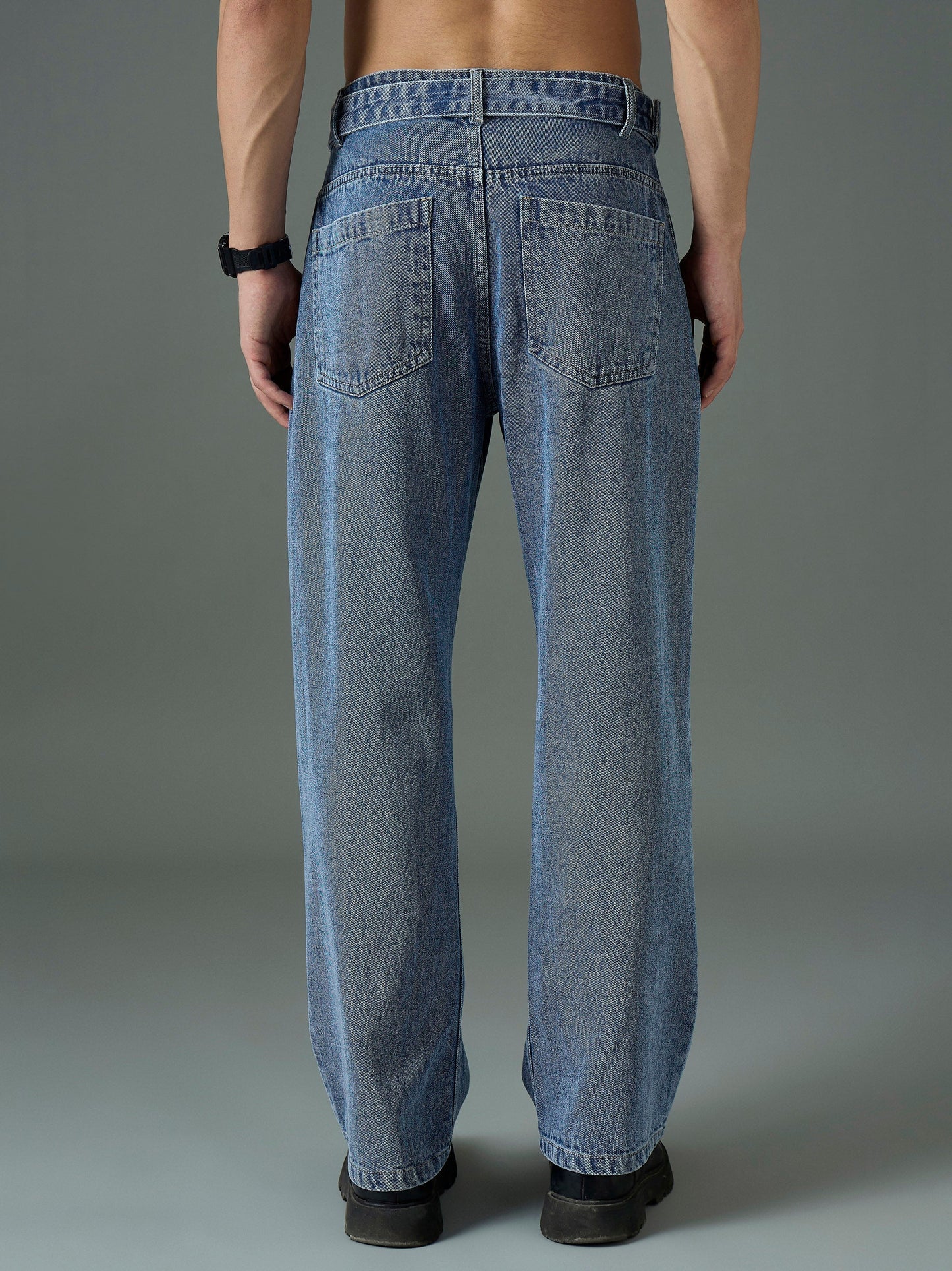 Men Light Blue Wash Front Belted Relax Fit Jeans