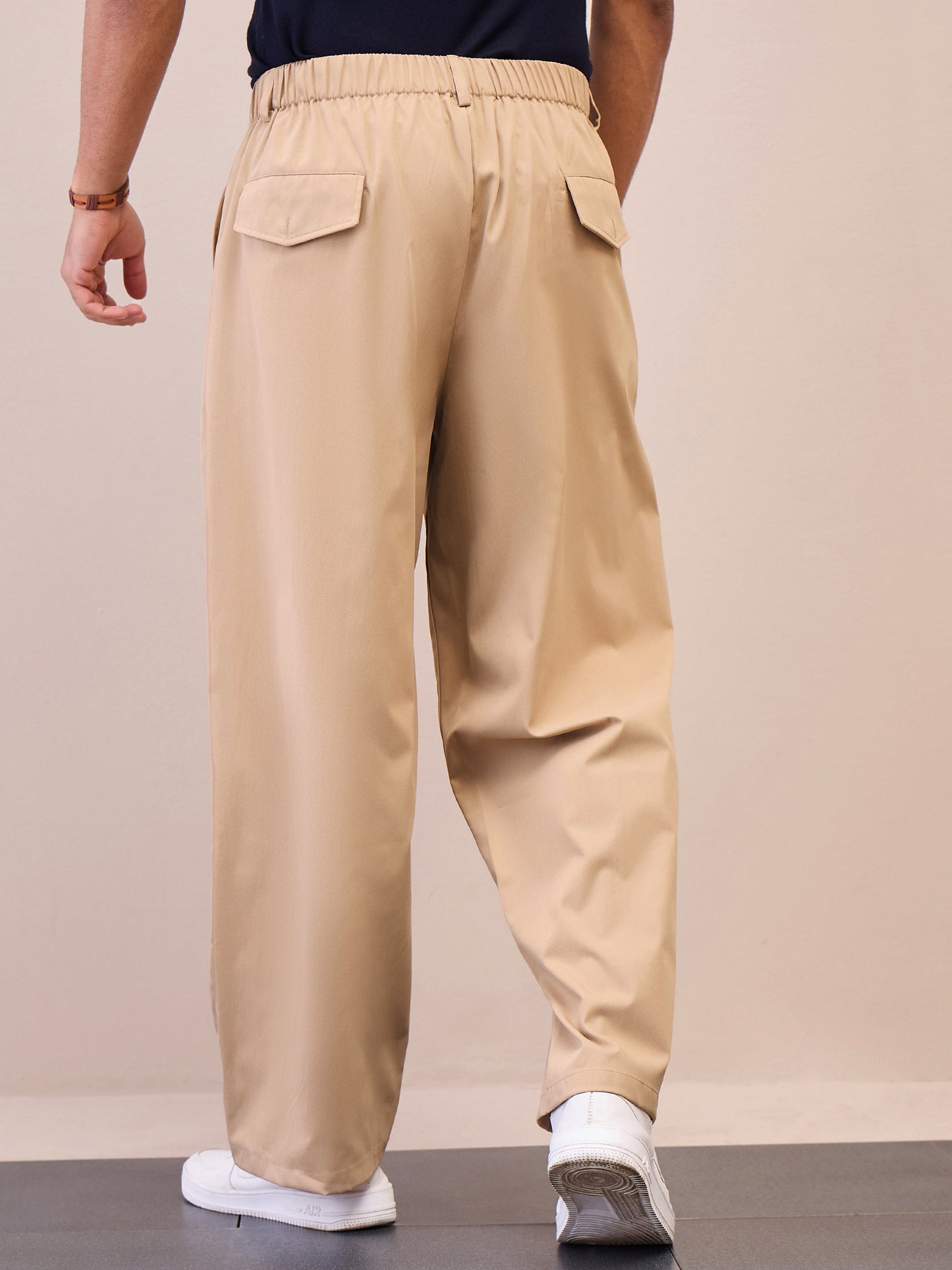 Men Beige Front Pleated Korean Pants
