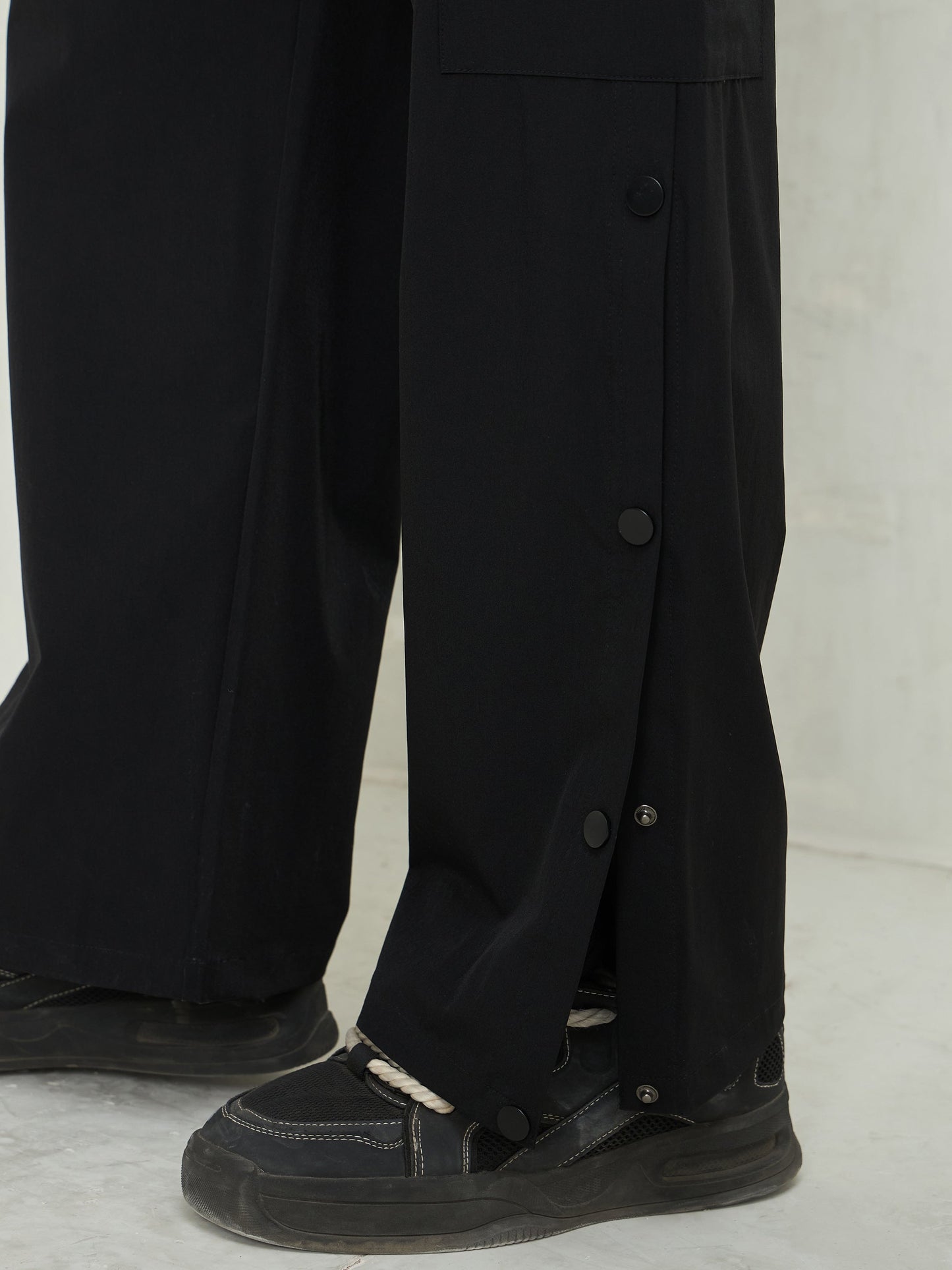 Unisex Black Button Detail Baggy Parachute Pants