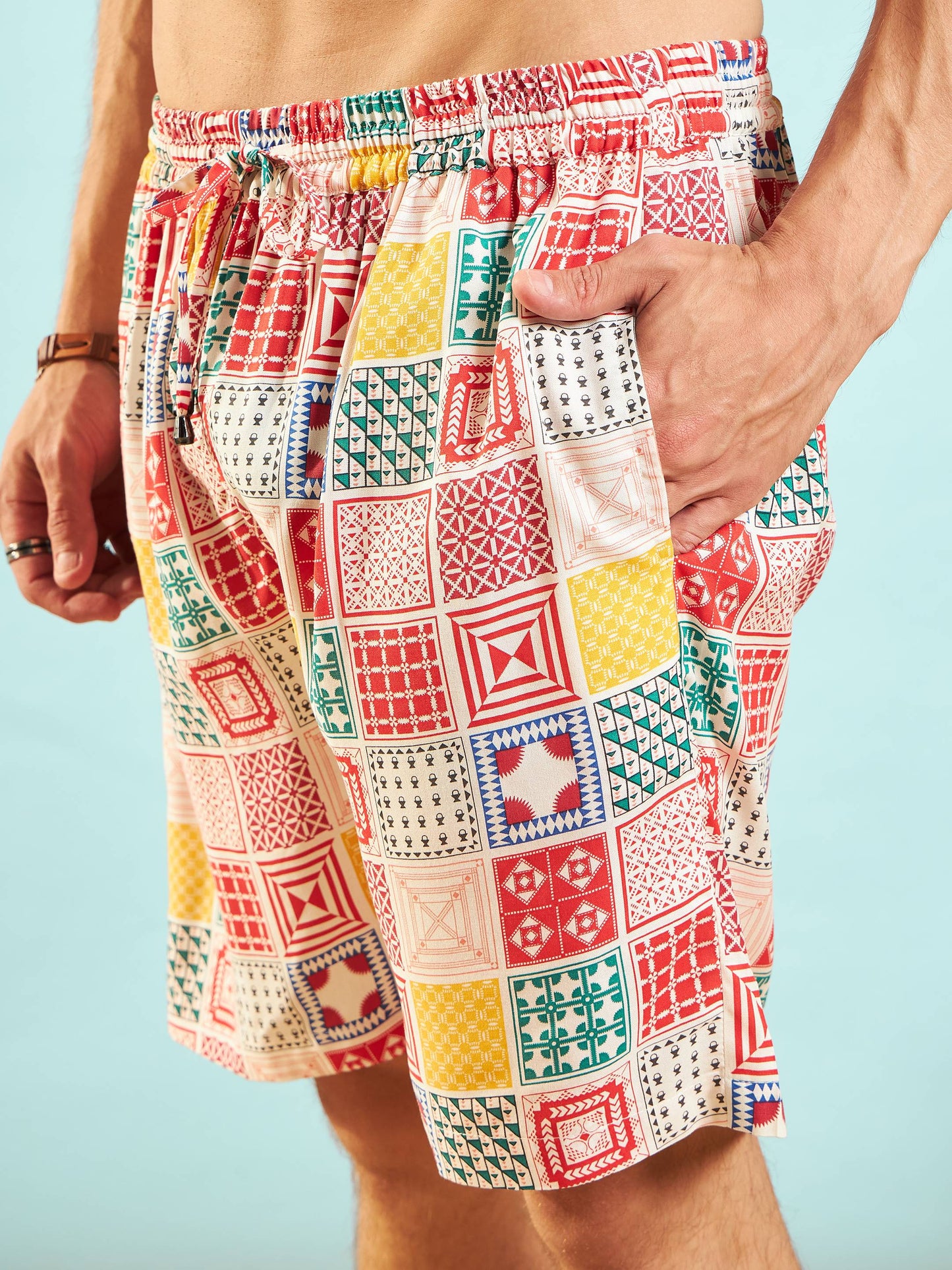 Men White & Red Conversational Shirt With Shorts