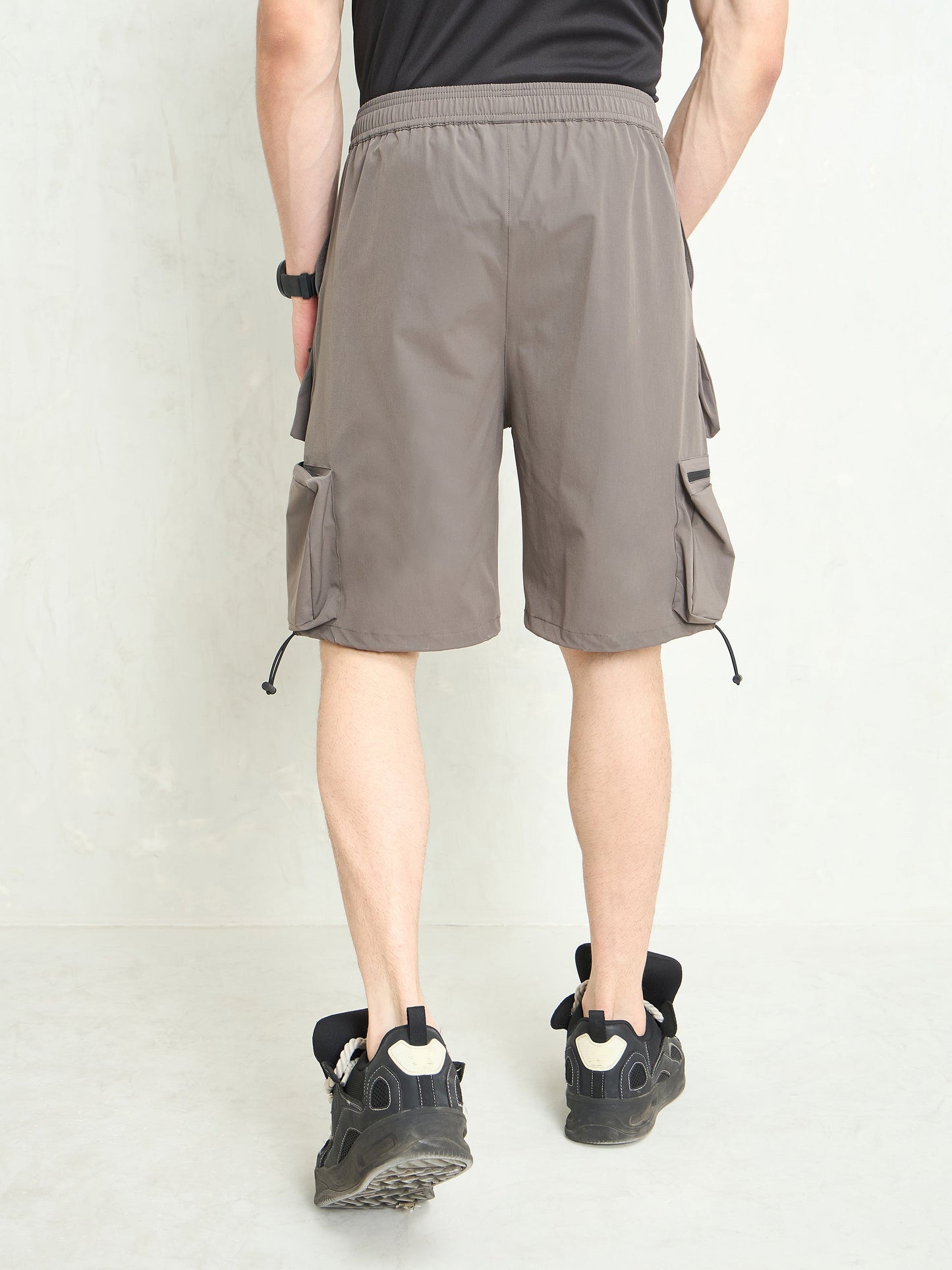 Men Dark Grey Utility Pocket Parachute Shorts