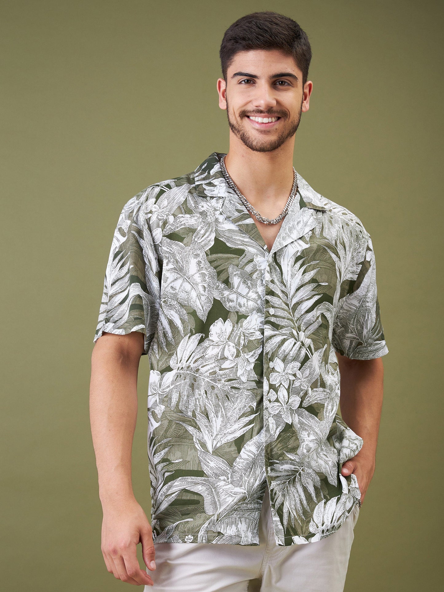 Unisex Olive & Whie Tropical Floral Relax Fit Shirt