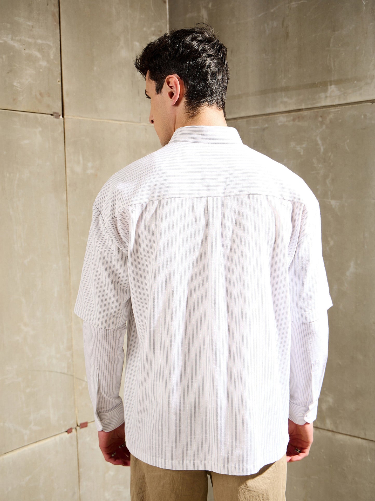Men White & Grey Stripes Overlap Sleeve Relax Fit Shirt