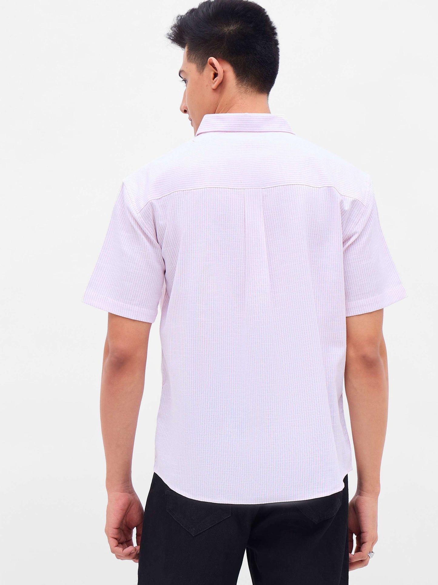 Men Pink & White Stripes Short Sleeve Shirt