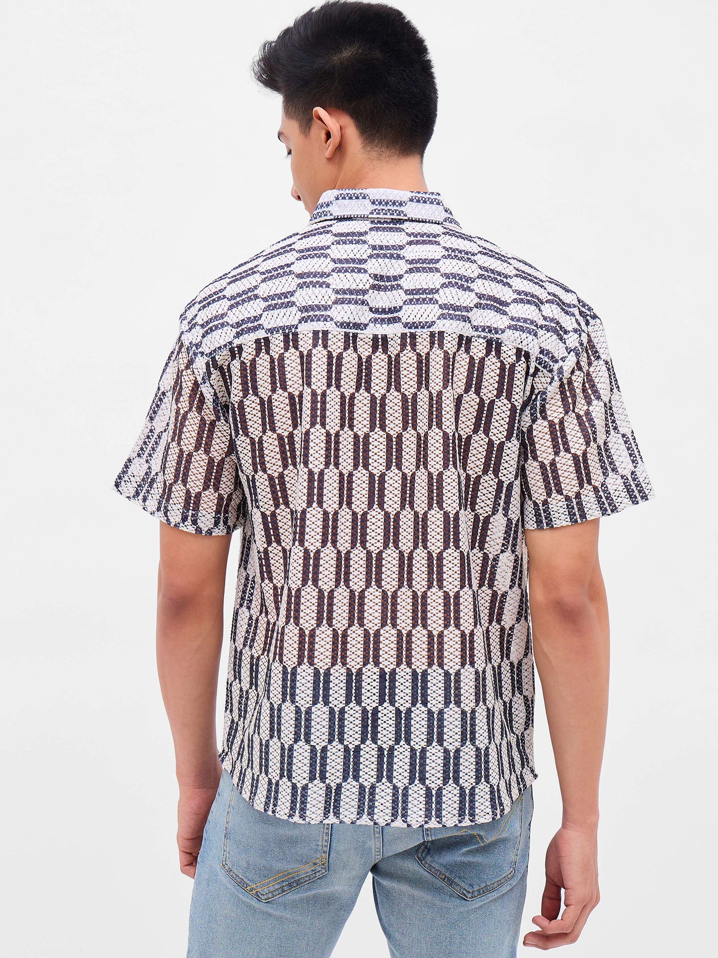 Men Beige & Black Geometric Print Crochet Shirt