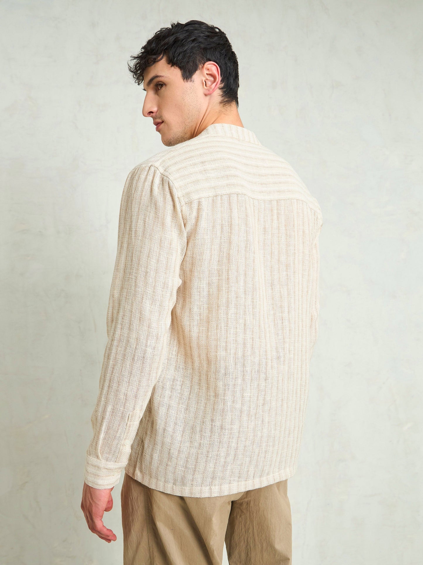 Men Beige & Brown Cotton Stripes Mandarin Collar Relax Fit Shirt
