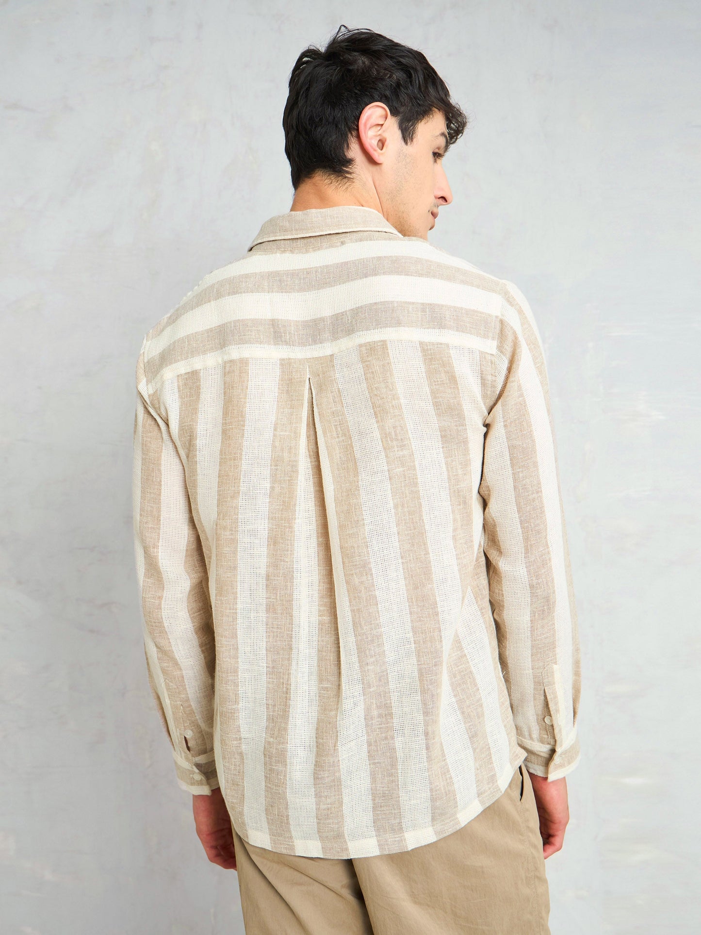 Men Beige & Brown Cotton Stripes Relax Fit Shirt