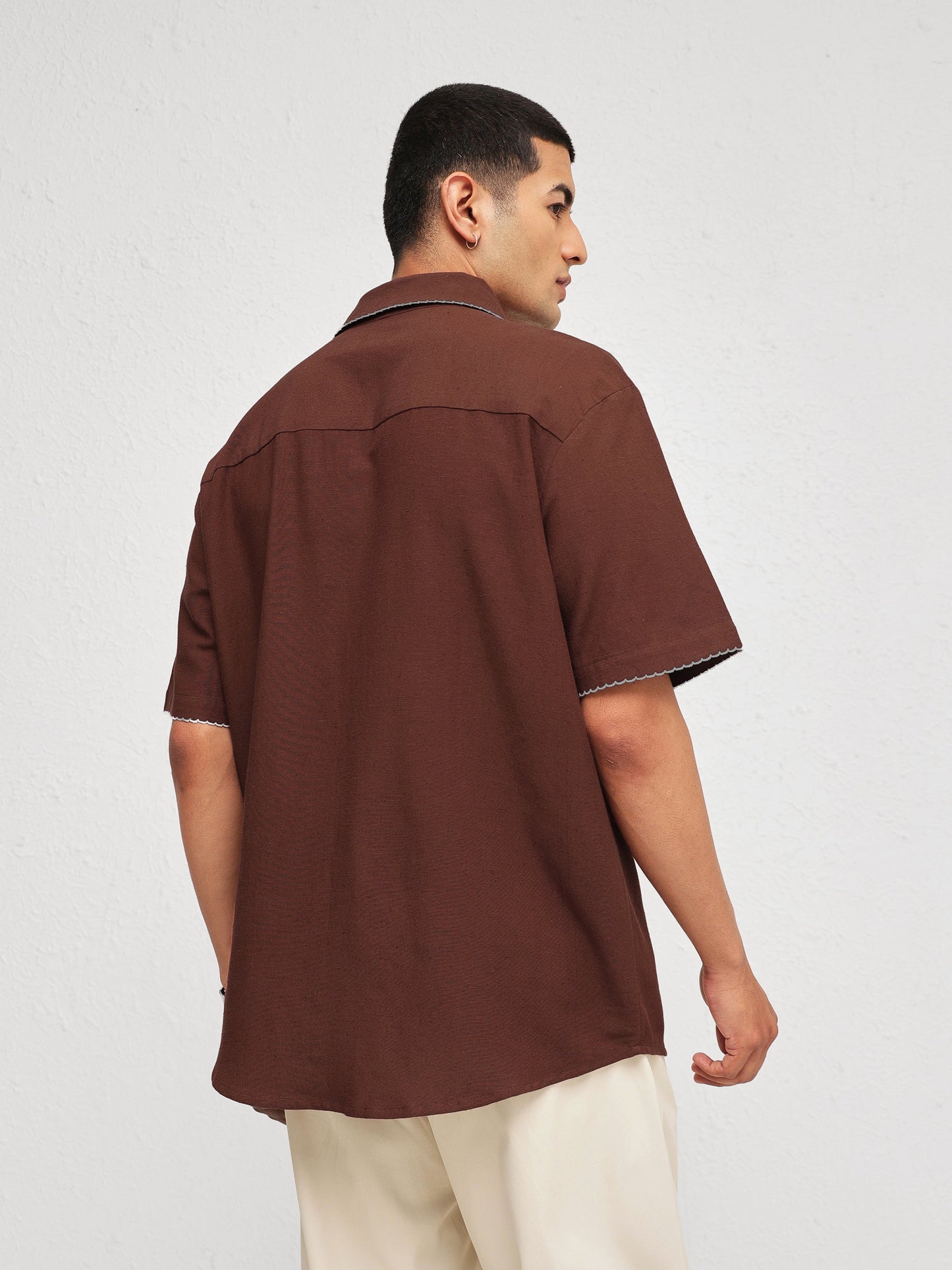 Men Brown Linen Thread Detail Relax Fit Short Sleeve Shirt