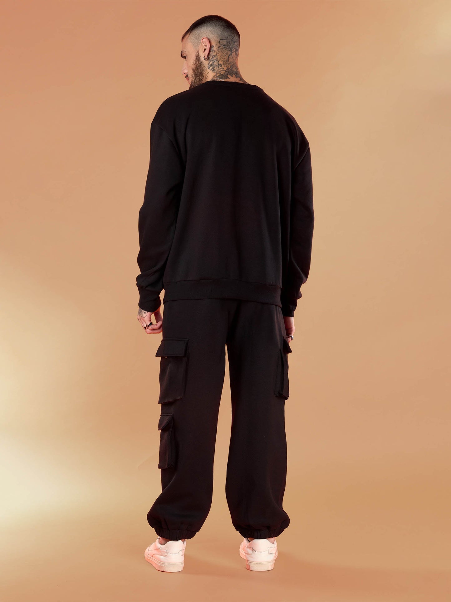Men Black Forever Young Embroidery Oversize Sweatshirt With Cargo Jogger