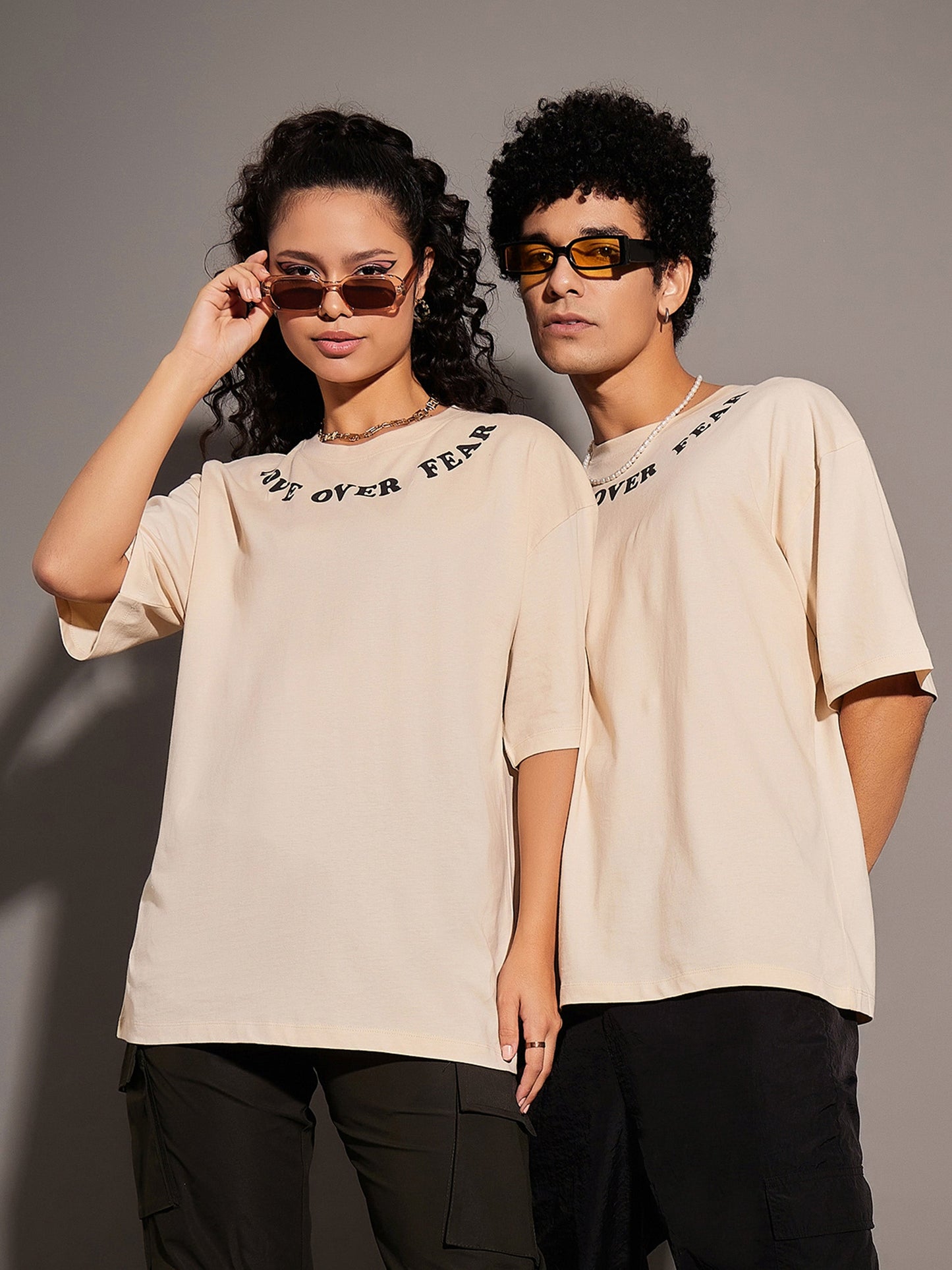 Unisex Beige LOVE OVER FEAR Oversized T-Shirt