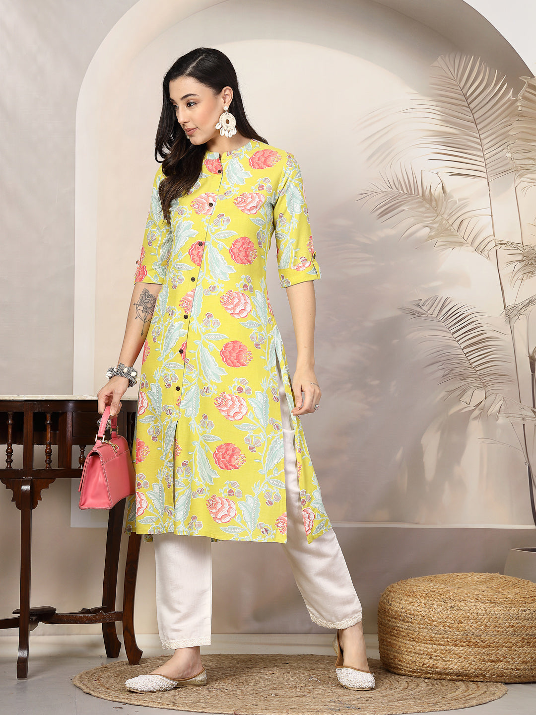 Multicolor Floral Printed Rayon A-Line Kurta