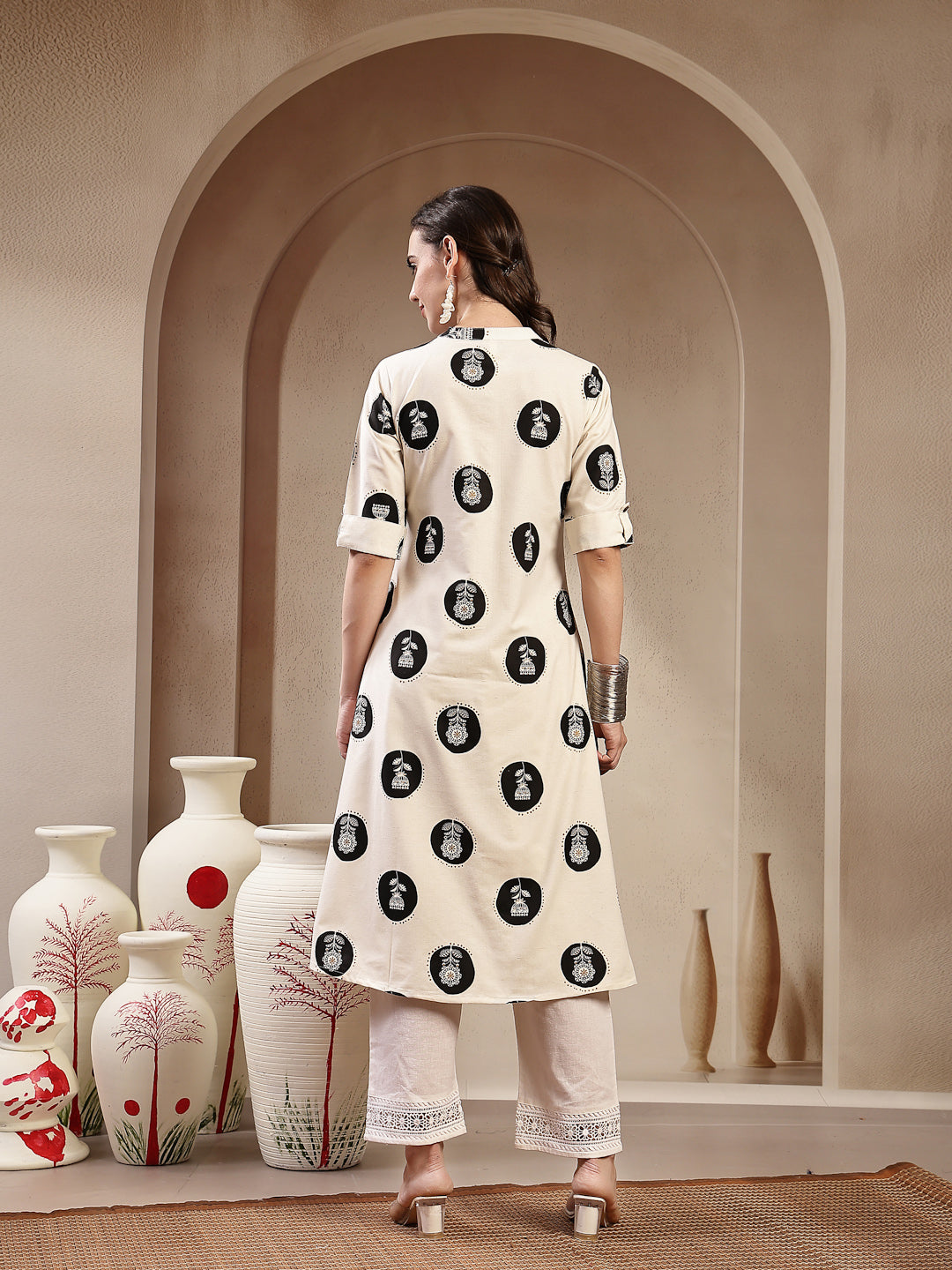 White Floral Printed Cotton Flax A-Line Kurta