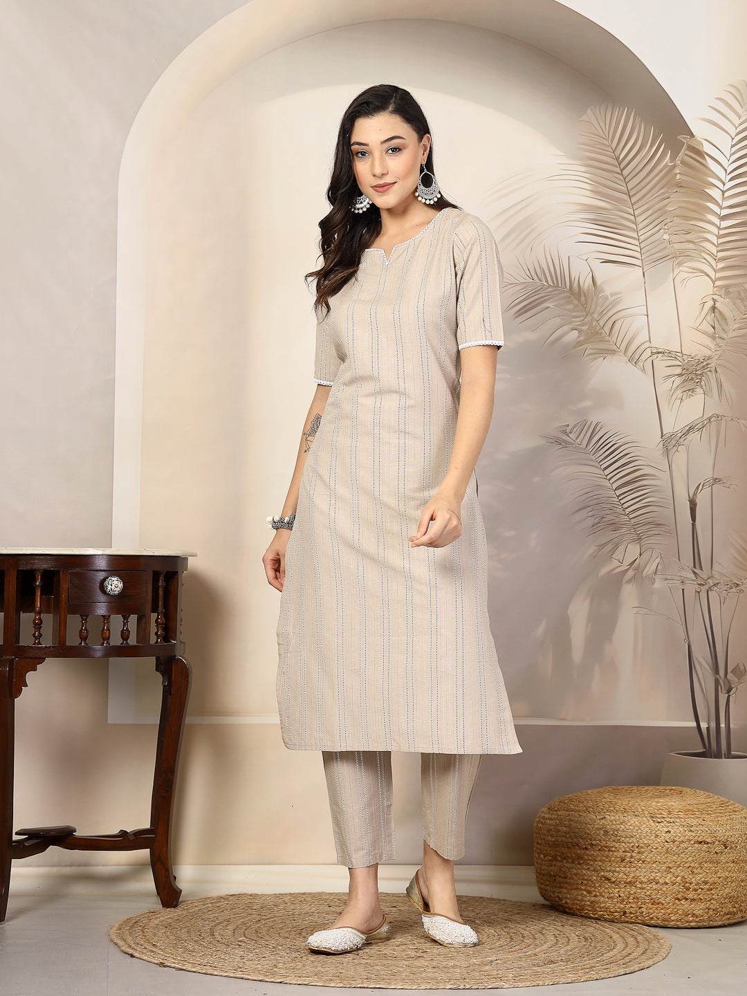 Self Woven Striped Cotton Blend Straight Kurta Pant Set