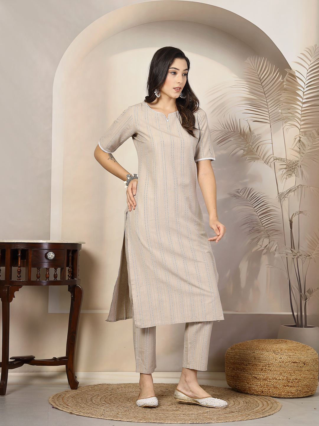 Self Woven Striped Cotton Blend Straight Kurta Pant Set